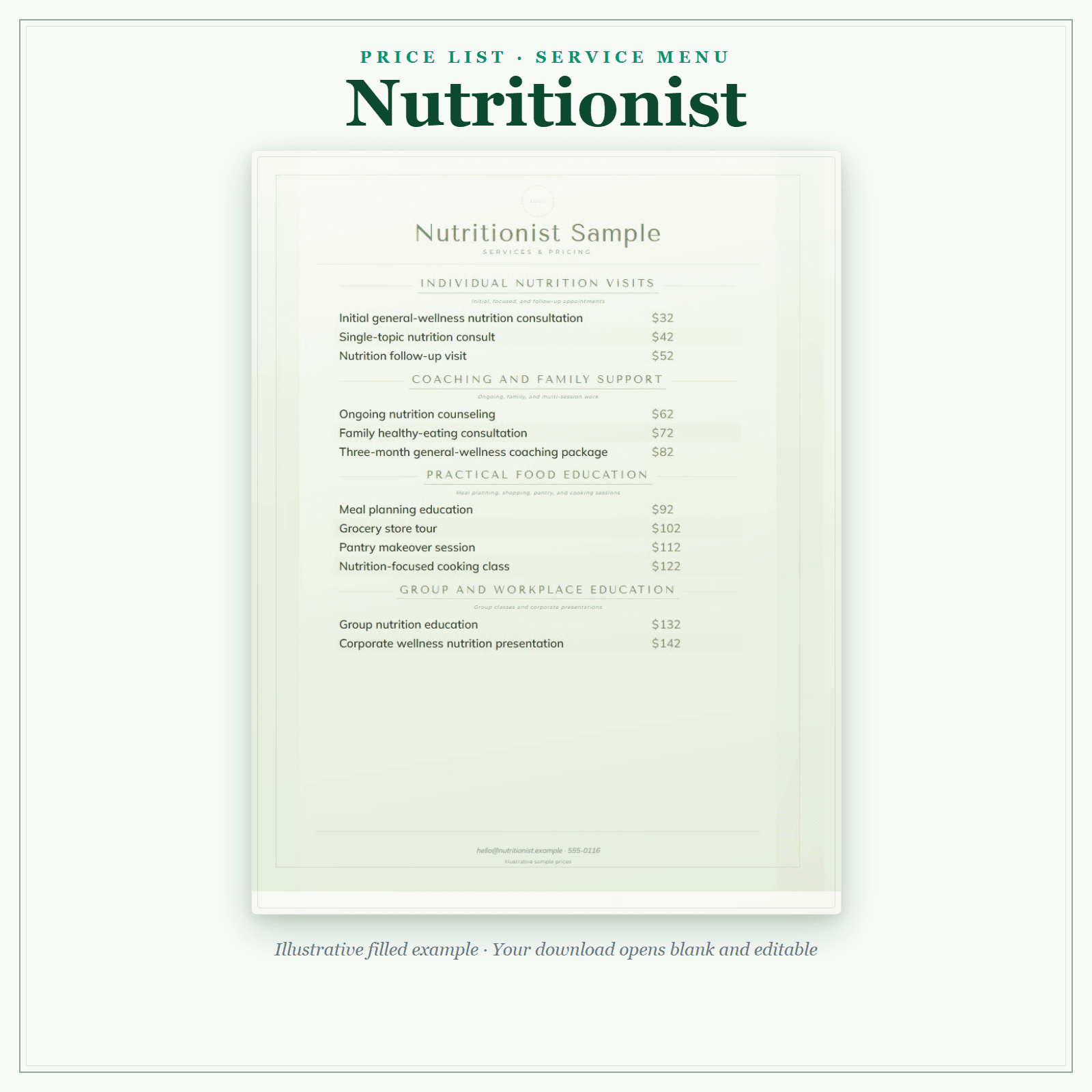 Nutritionist Price List & Service Menu sample pages