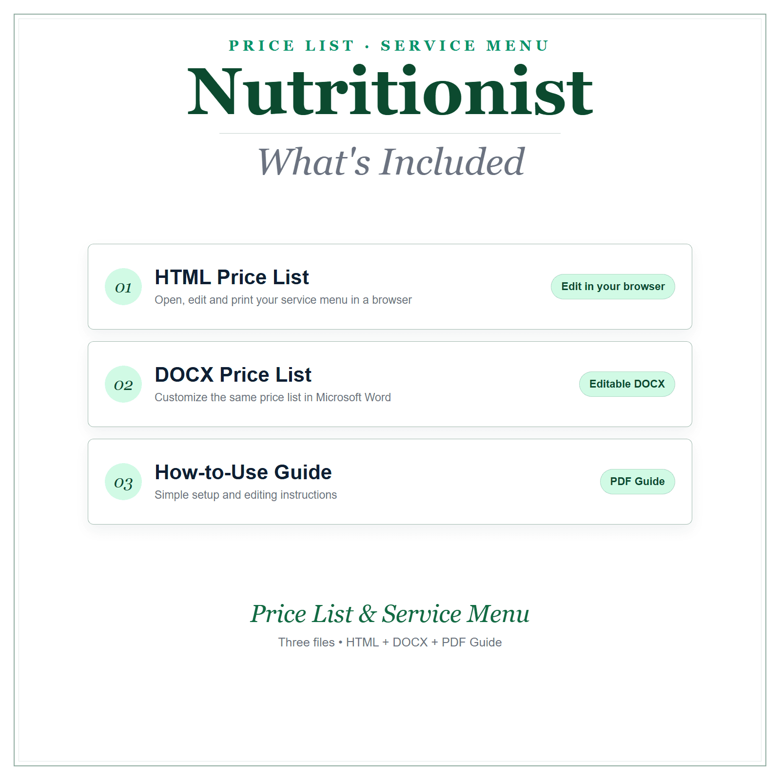 What's included in Nutritionist Price List & Service Menu