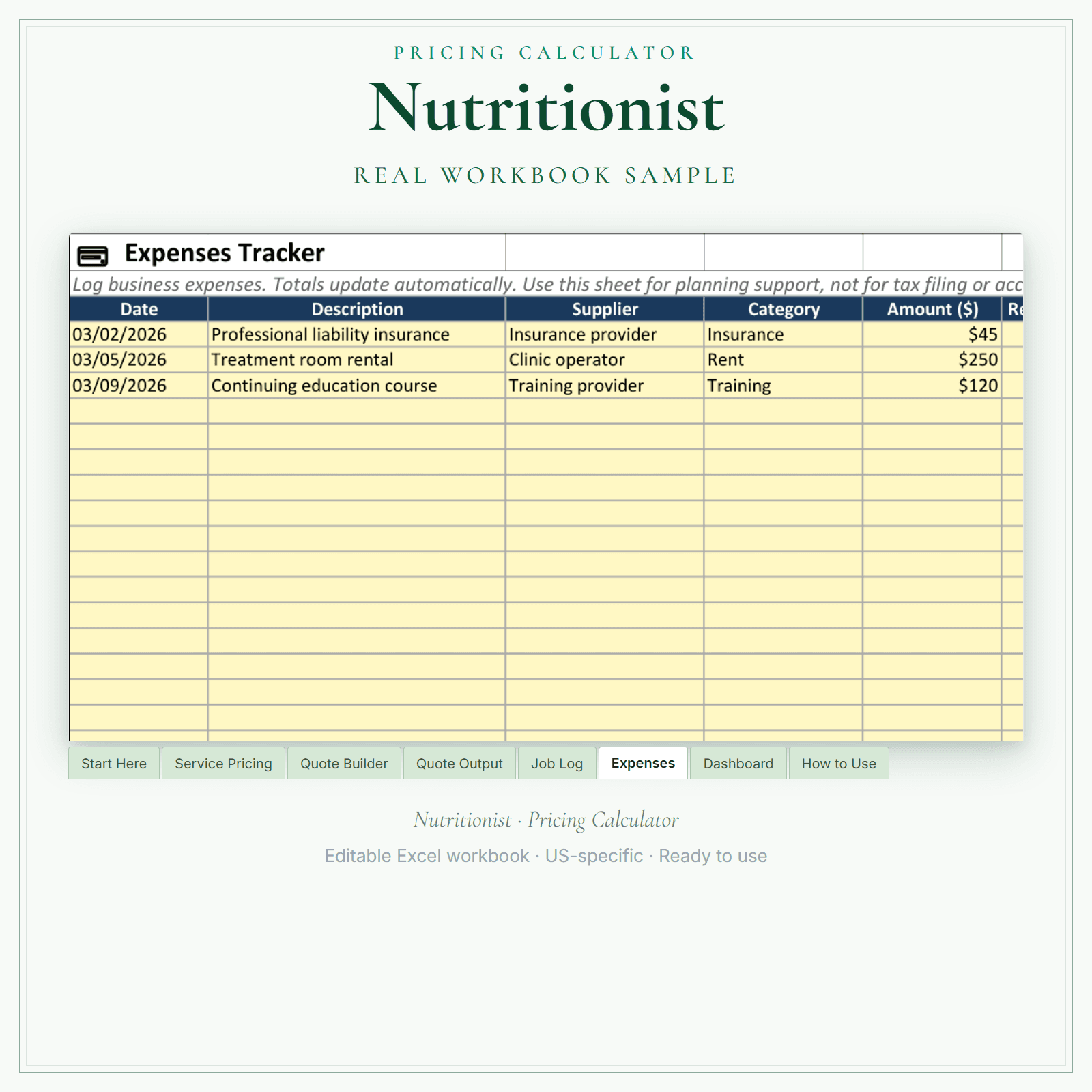 Nutritionist Pricing Calculator sample pages