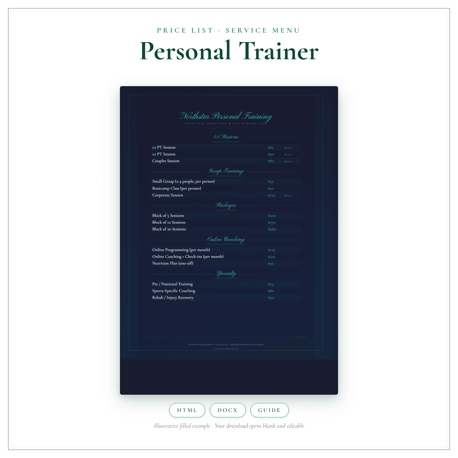 Personal Trainer Price List & Service Menu