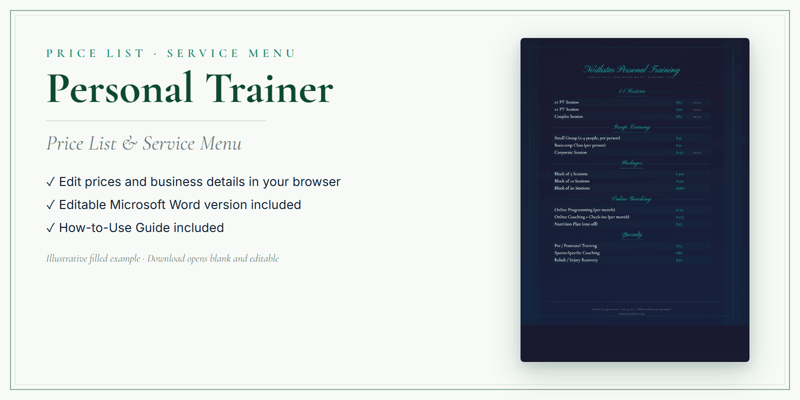 Personal Trainer Price List & Service Menu product preview