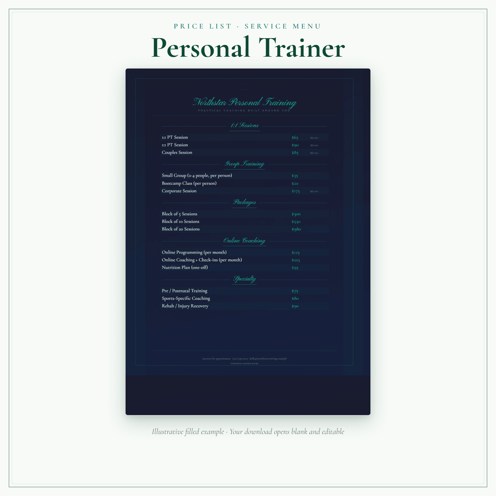 Personal Trainer Price List & Service Menu sample pages