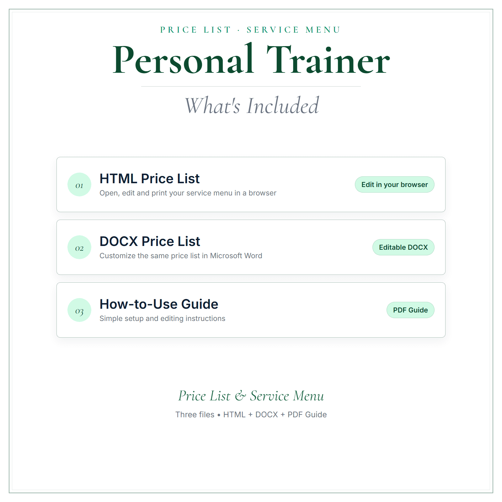What's included in Personal Trainer Price List & Service Menu