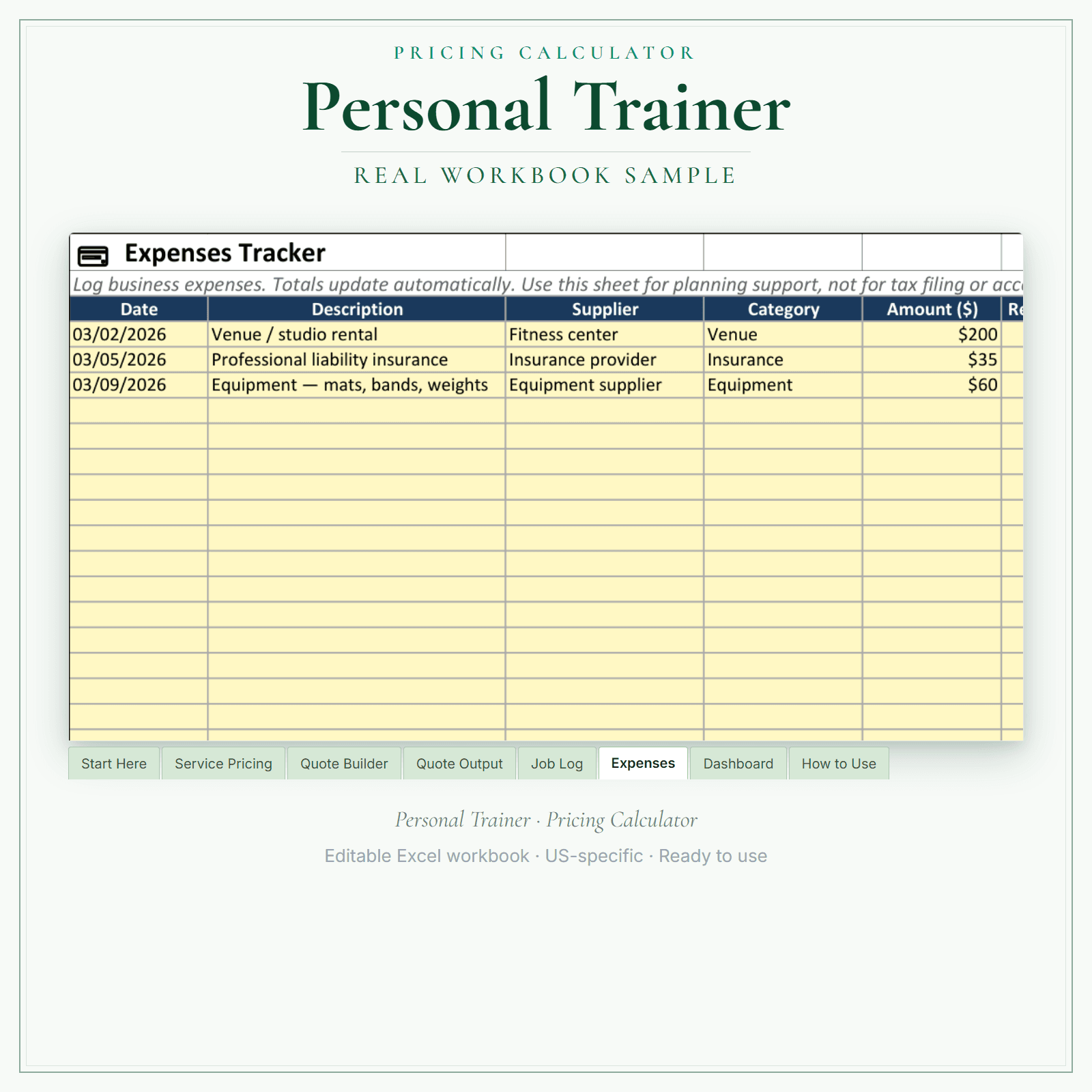 Personal Trainer Pricing Calculator sample pages