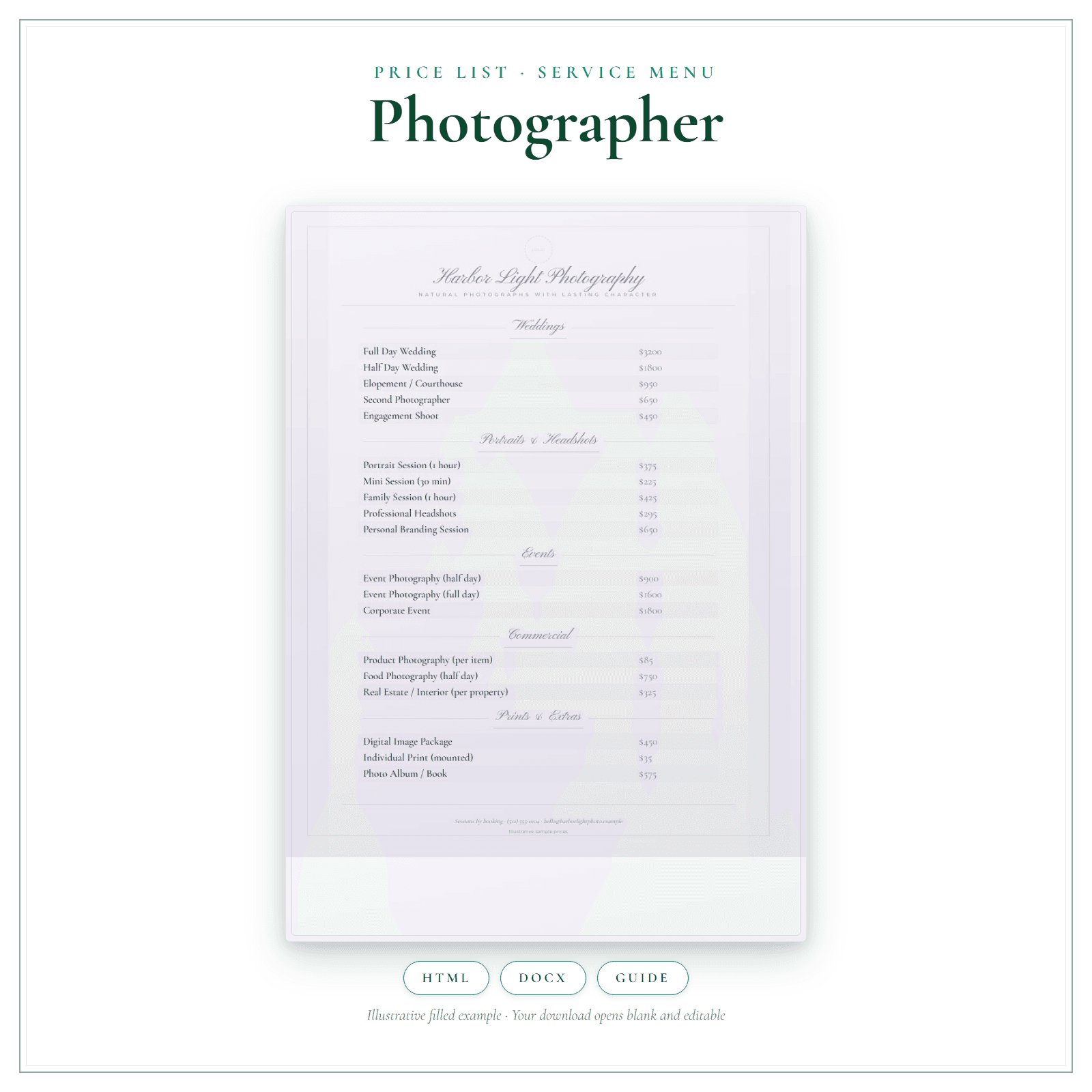 Photographer Price List & Service Menu