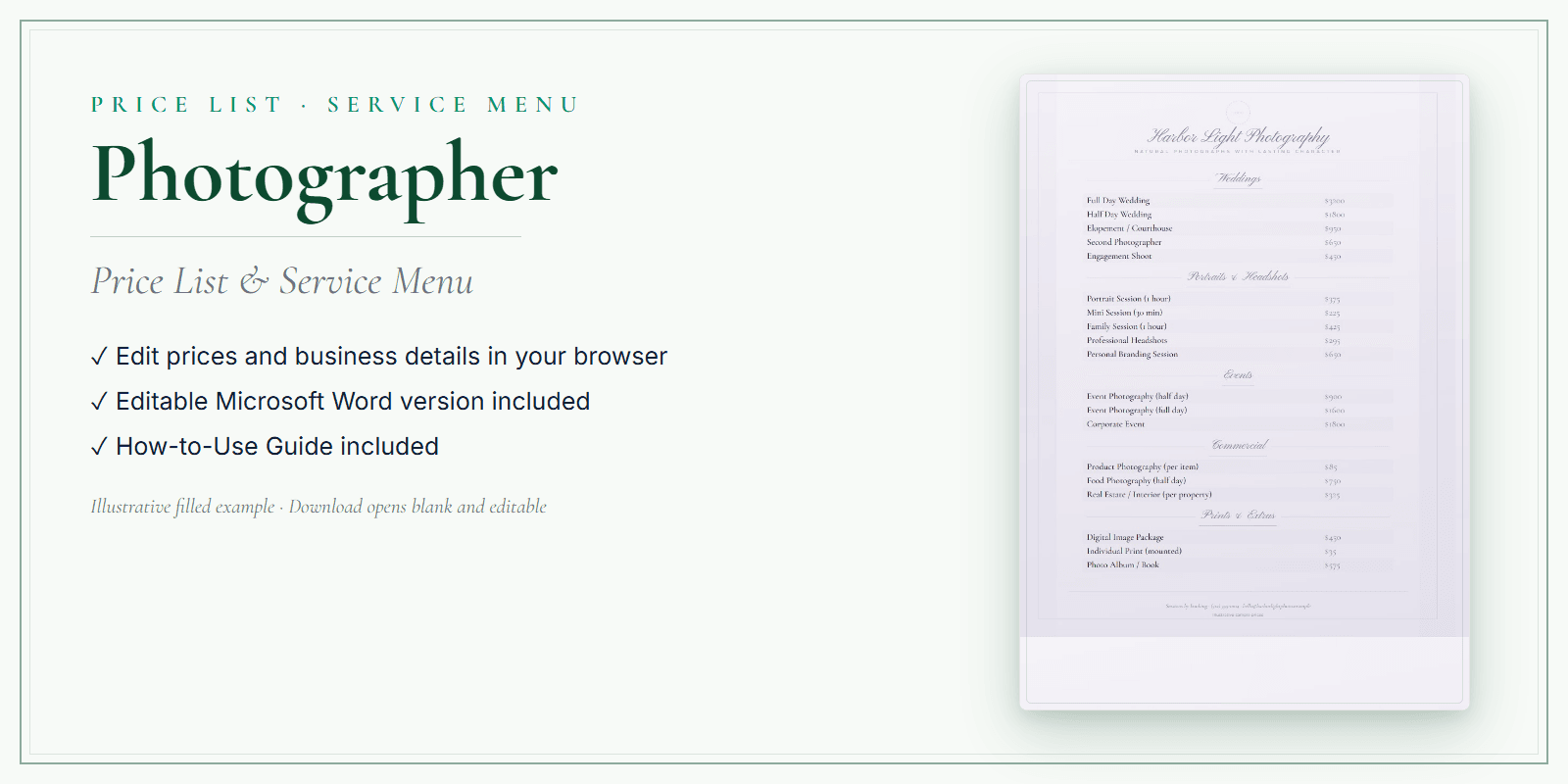 Photographer Price List & Service Menu product preview