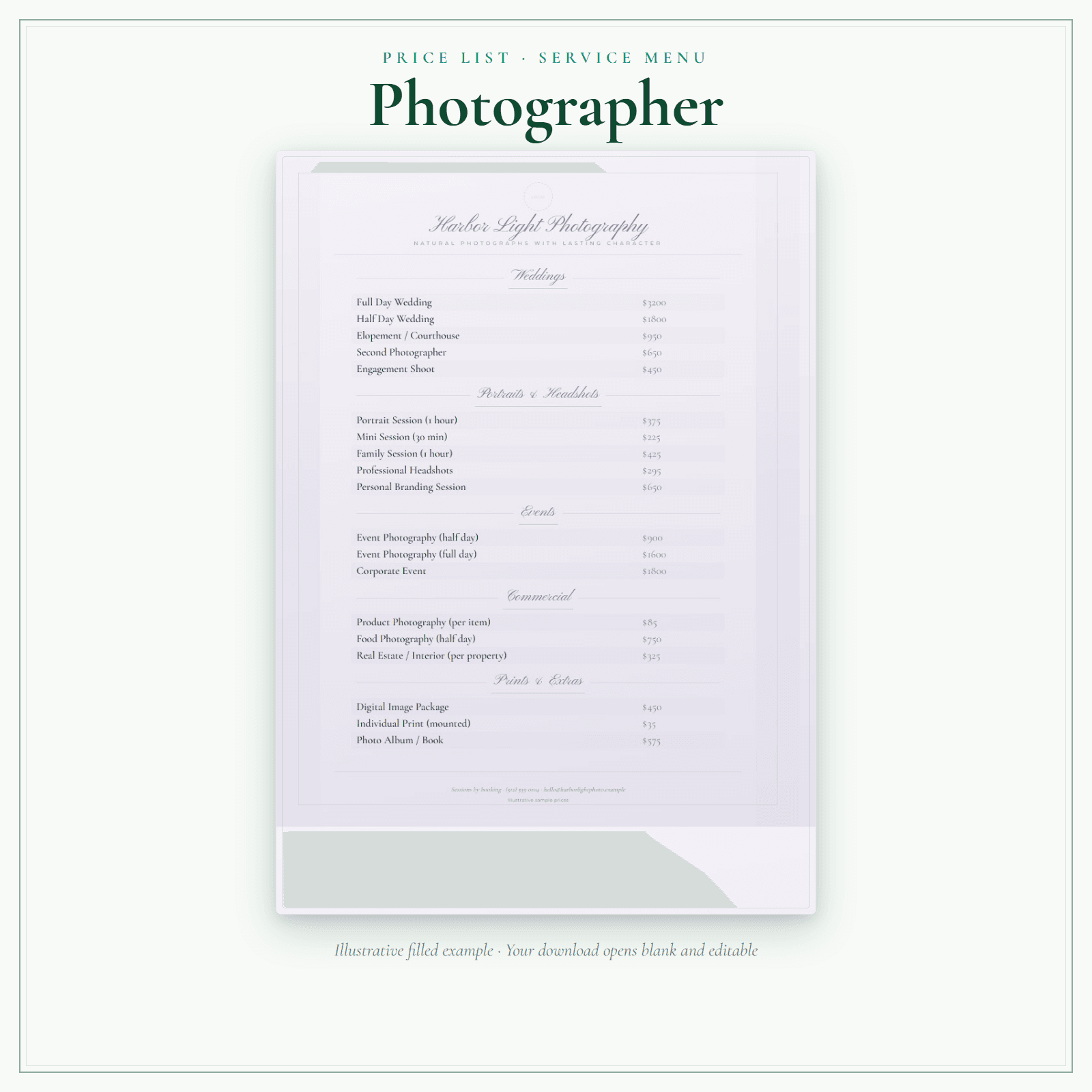 Photographer Price List & Service Menu sample pages
