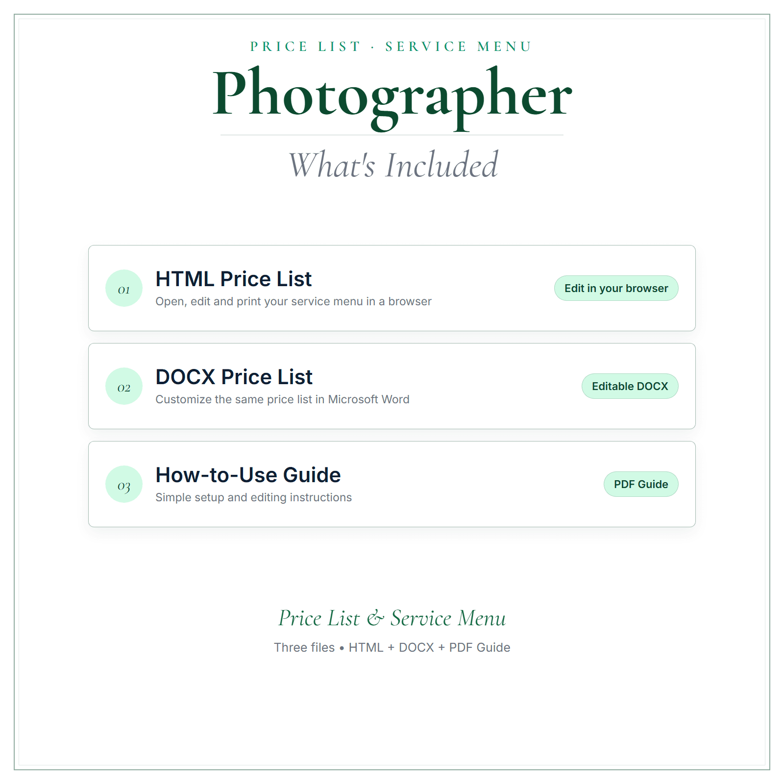 What's included in Photographer Price List & Service Menu
