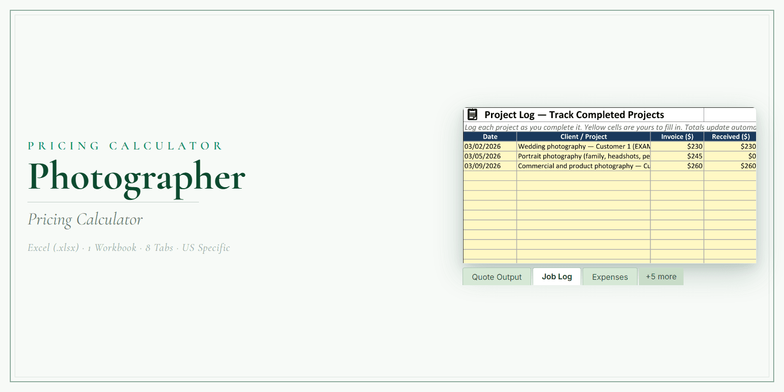 Photographer Pricing Calculator product preview