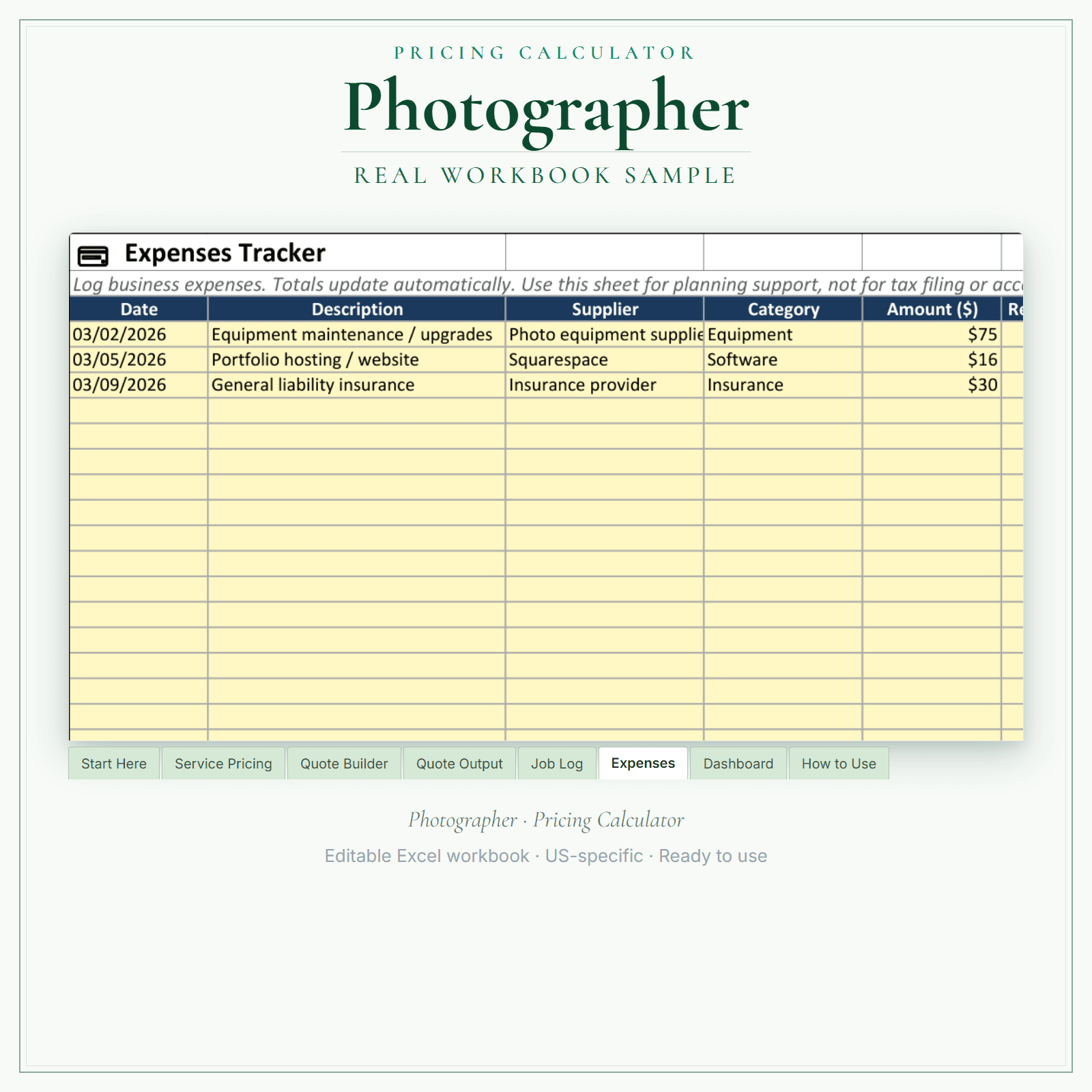 Photographer Pricing Calculator sample pages