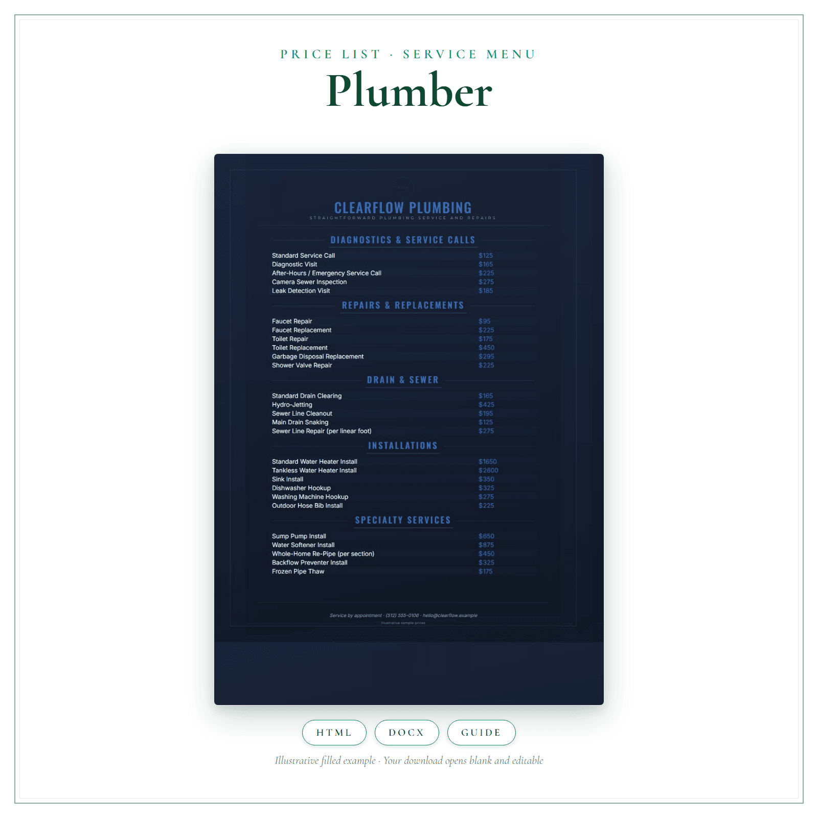 Price List & Service Menu for Plumber