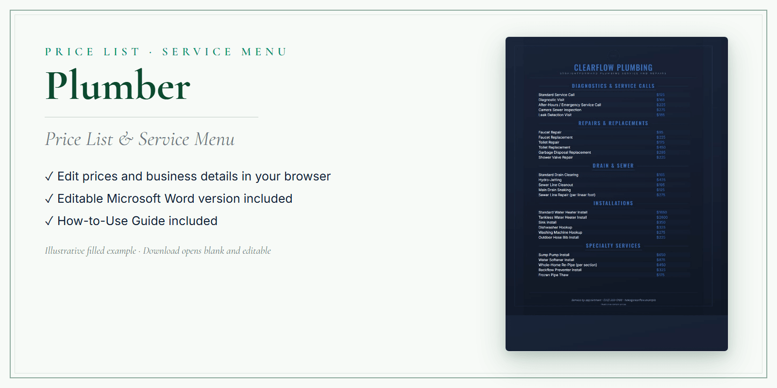 Plumber Price List & Service Menu product preview