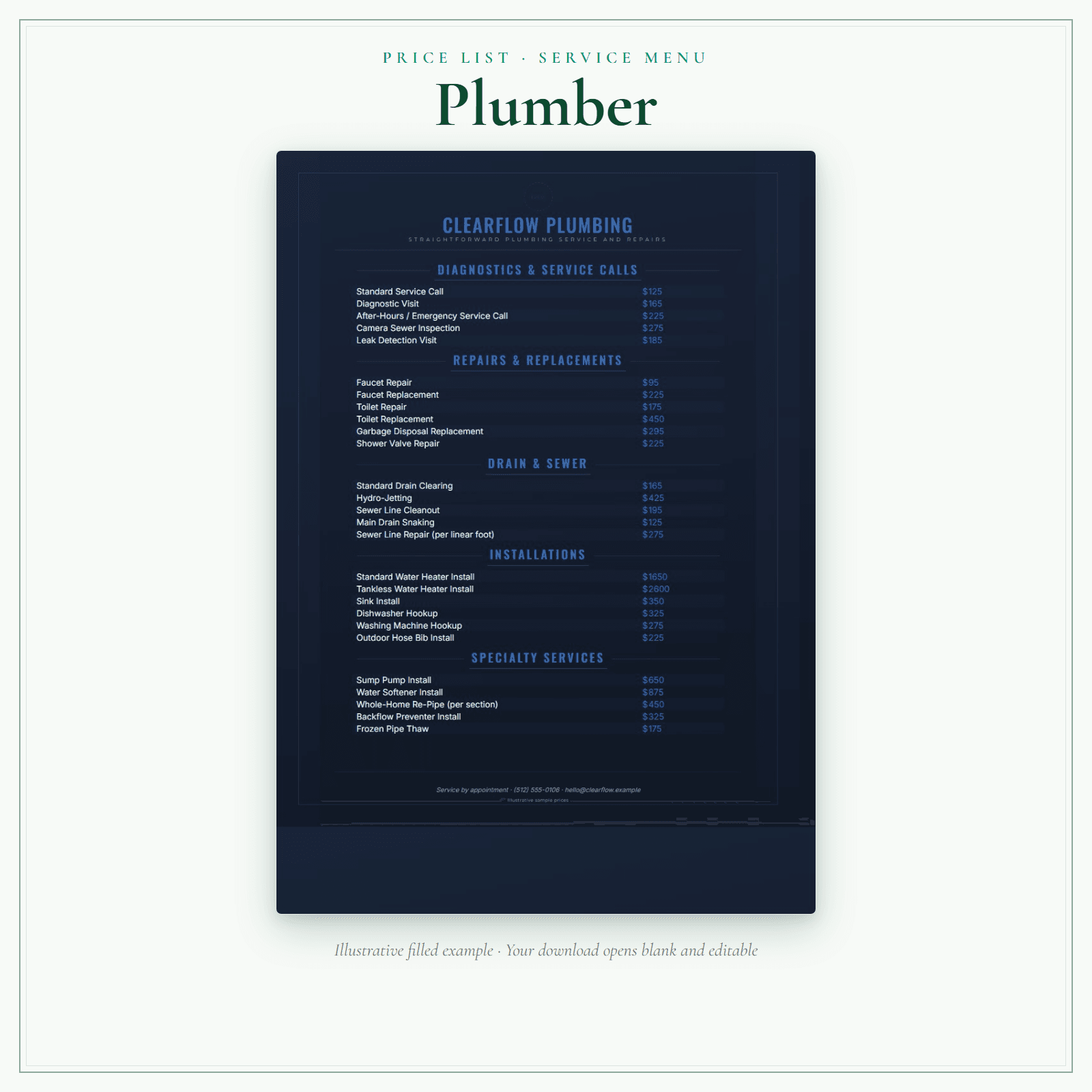 Plumber Price List & Service Menu sample pages