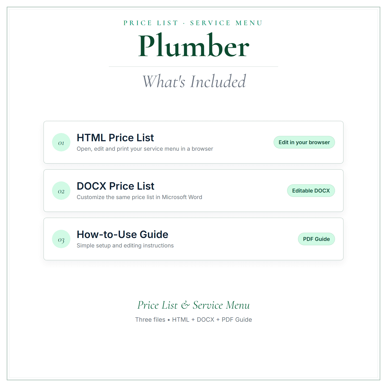 What's included in Plumber Price List & Service Menu