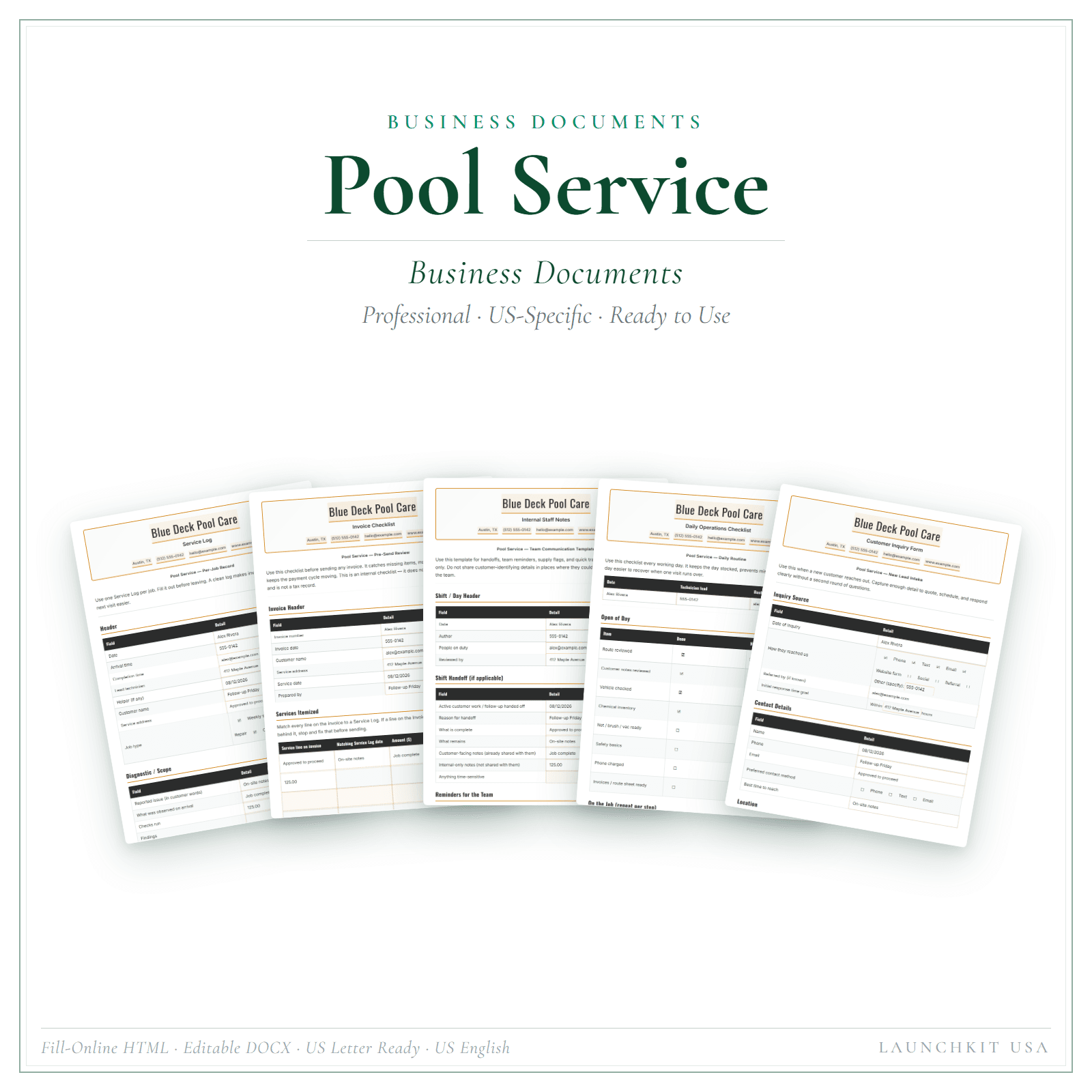 Business Documents for Pool Service