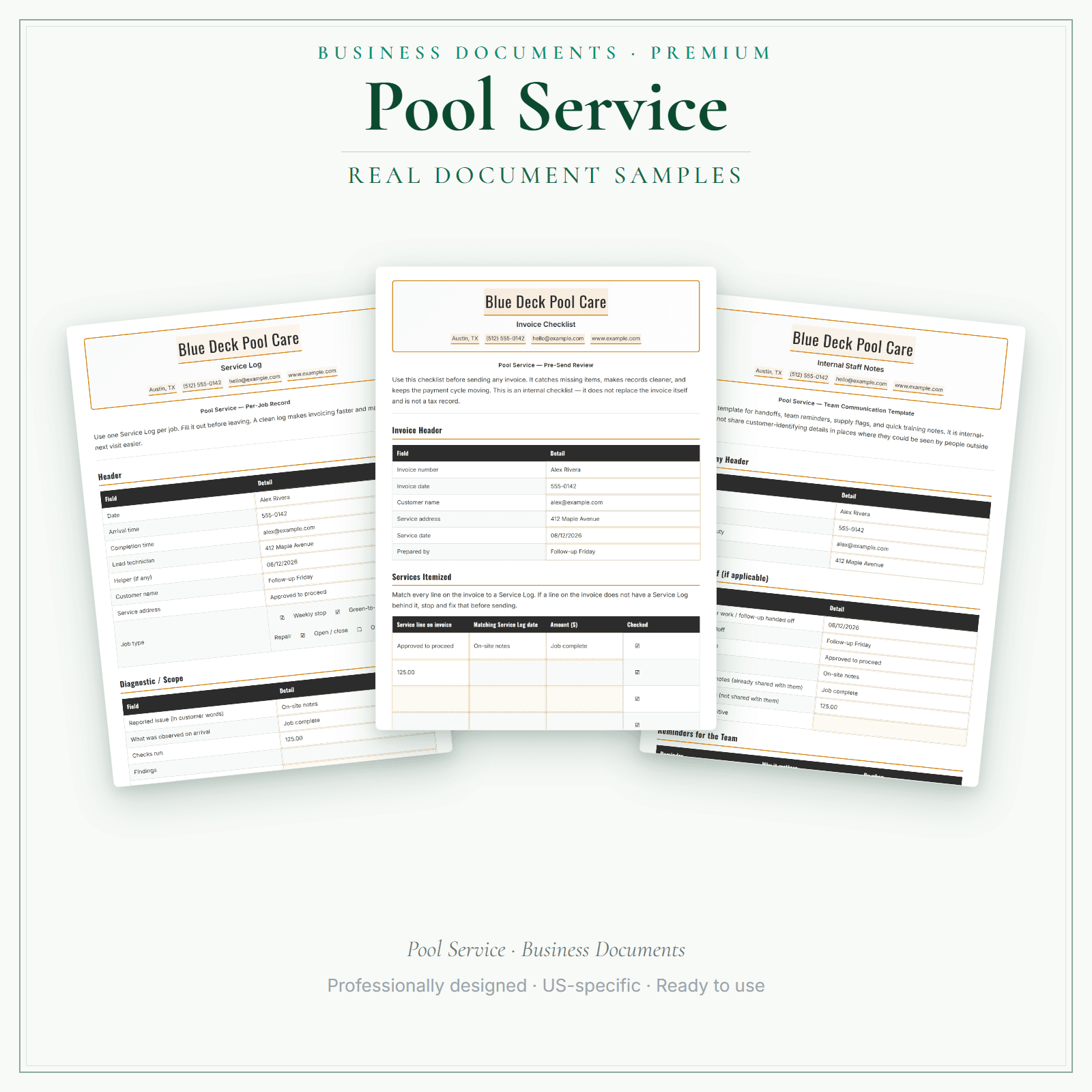 Pool Service Business Documents — Premium sample pages