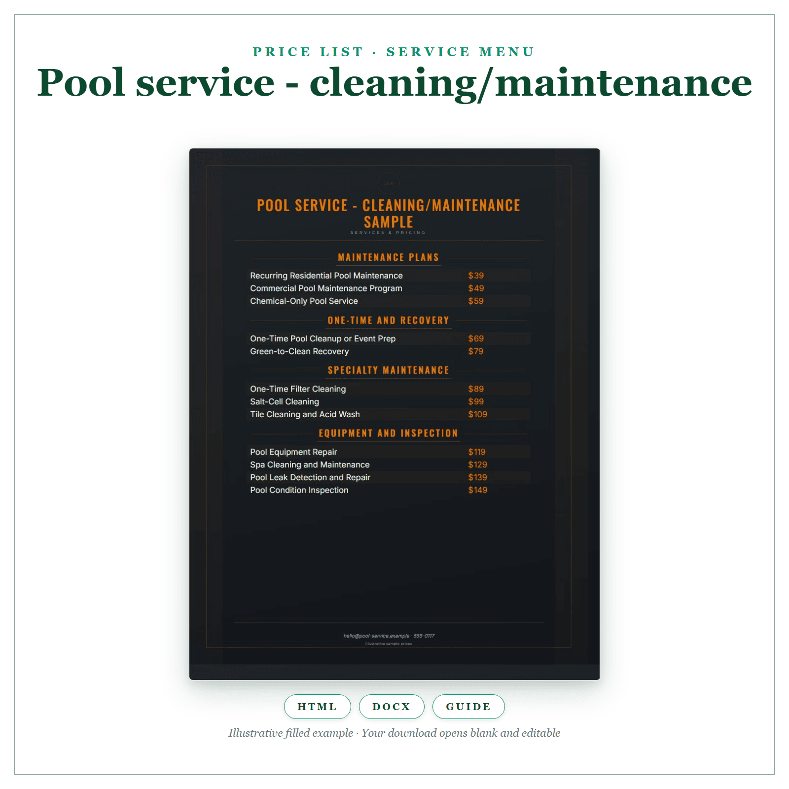 Price List & Service Menu for Pool Service