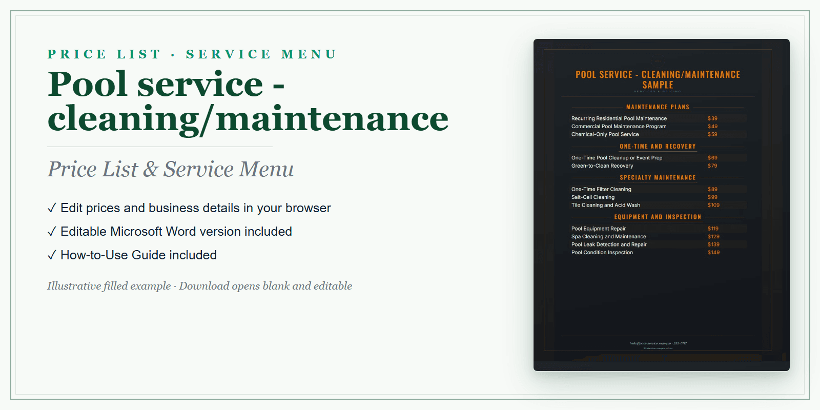 Pool Service Price List & Service Menu product preview