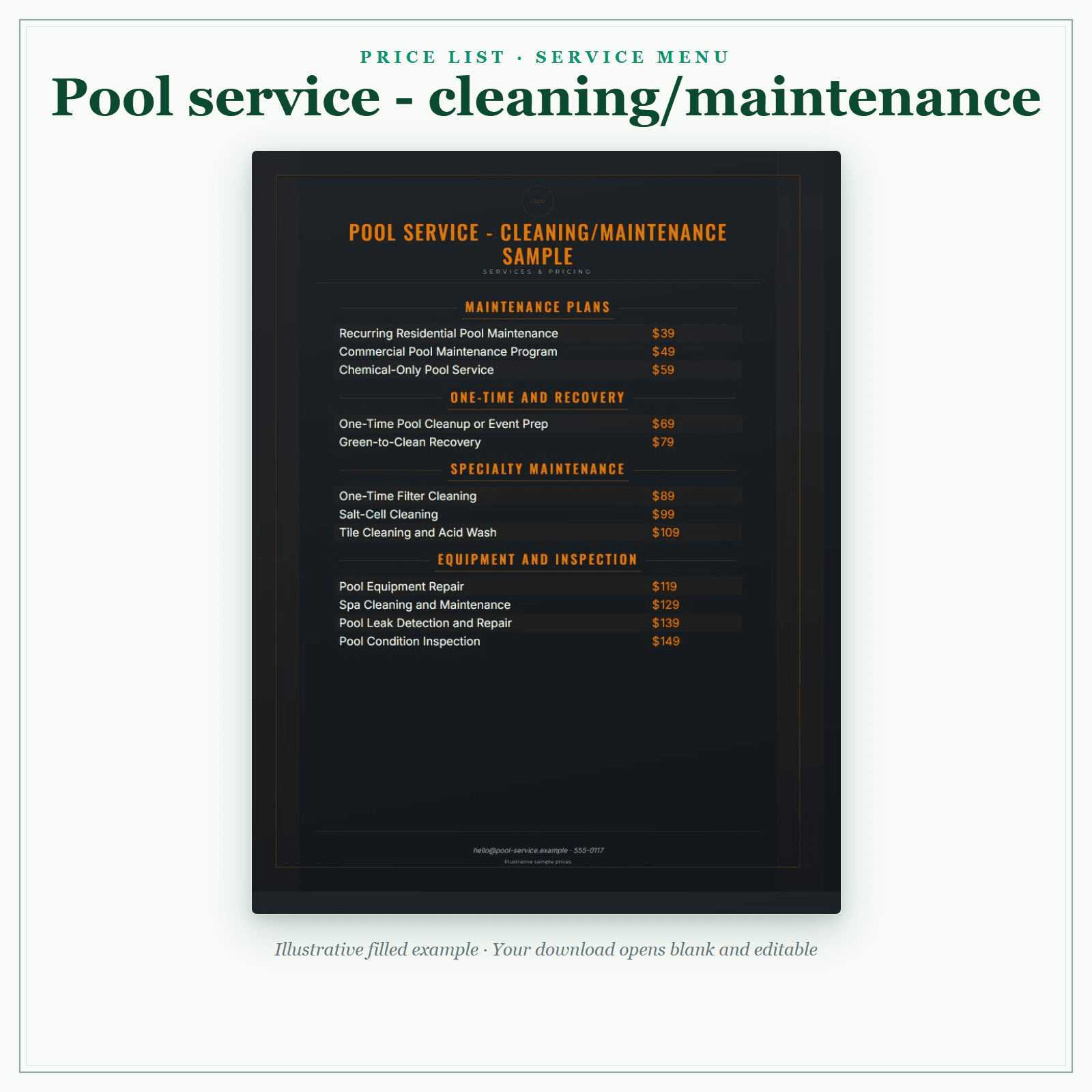 Pool Service Price List & Service Menu sample pages