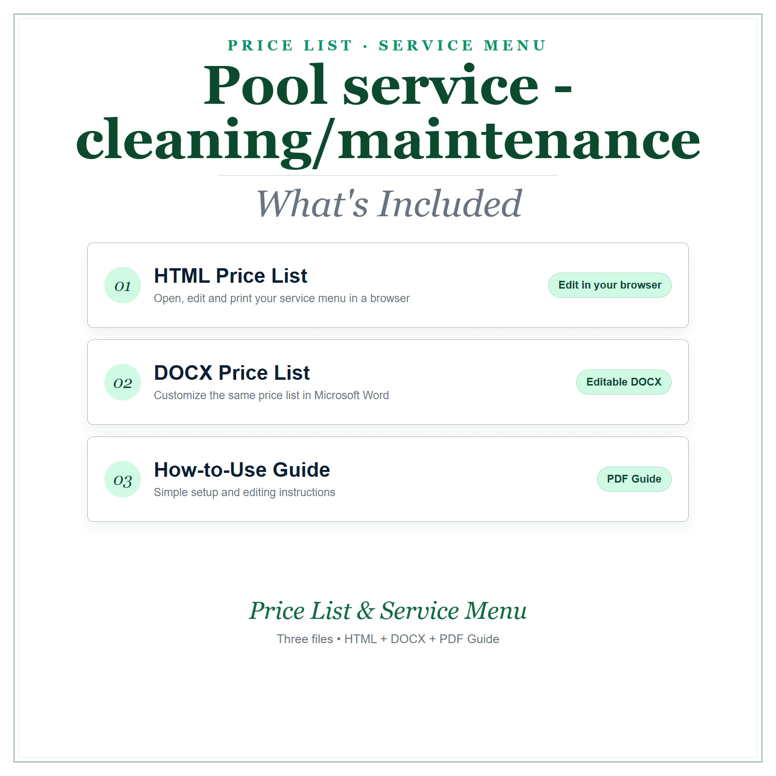 What's included in Pool Service Price List & Service Menu