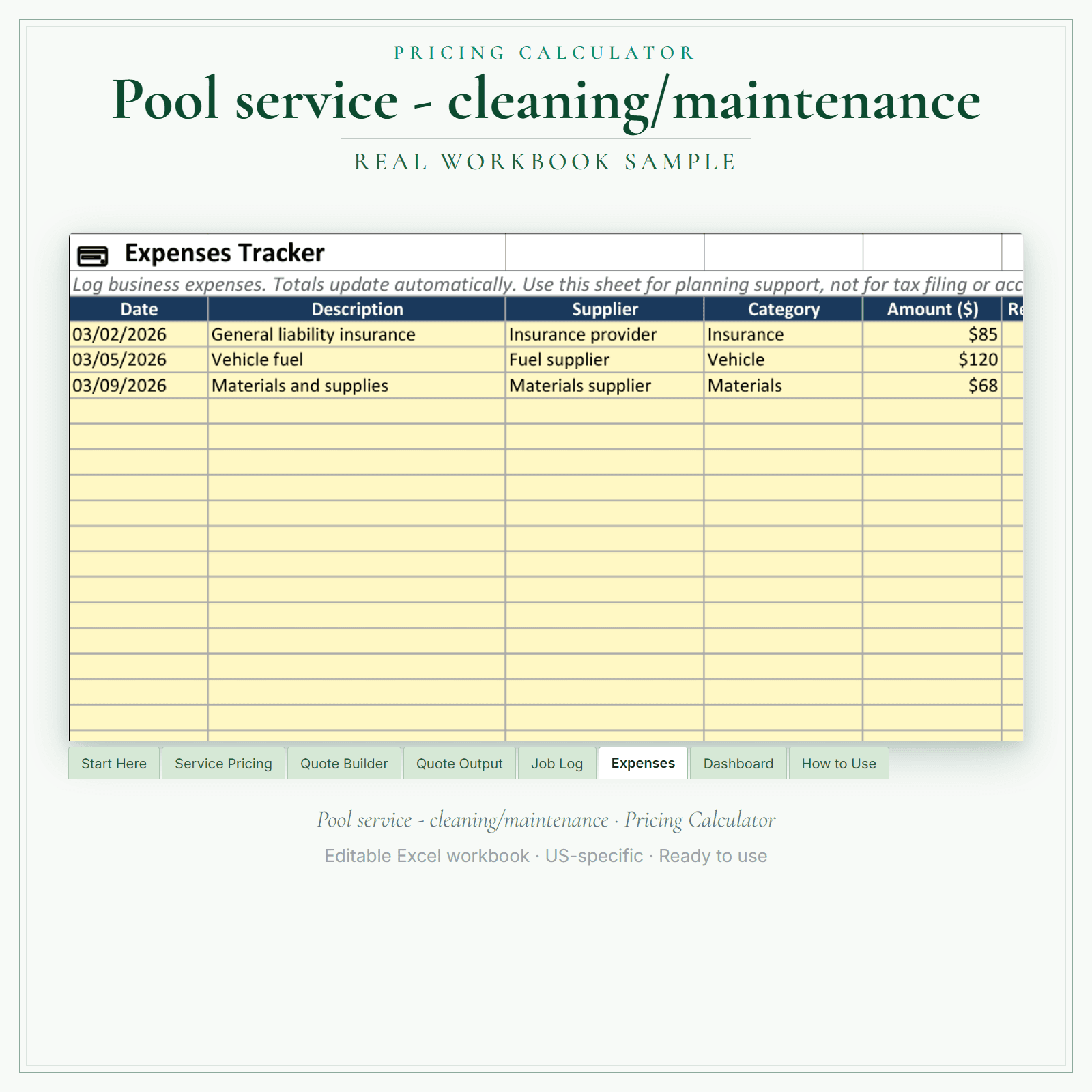 Pool Service Pricing Calculator sample pages