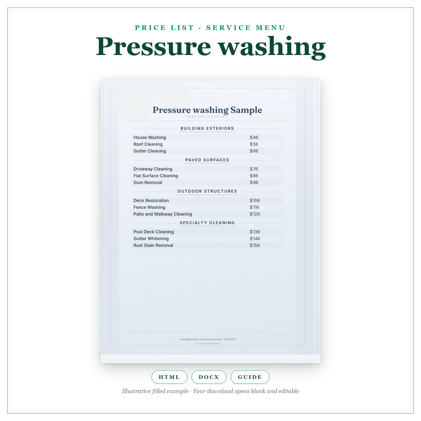 Price List & Service Menu for Pressure Washing
