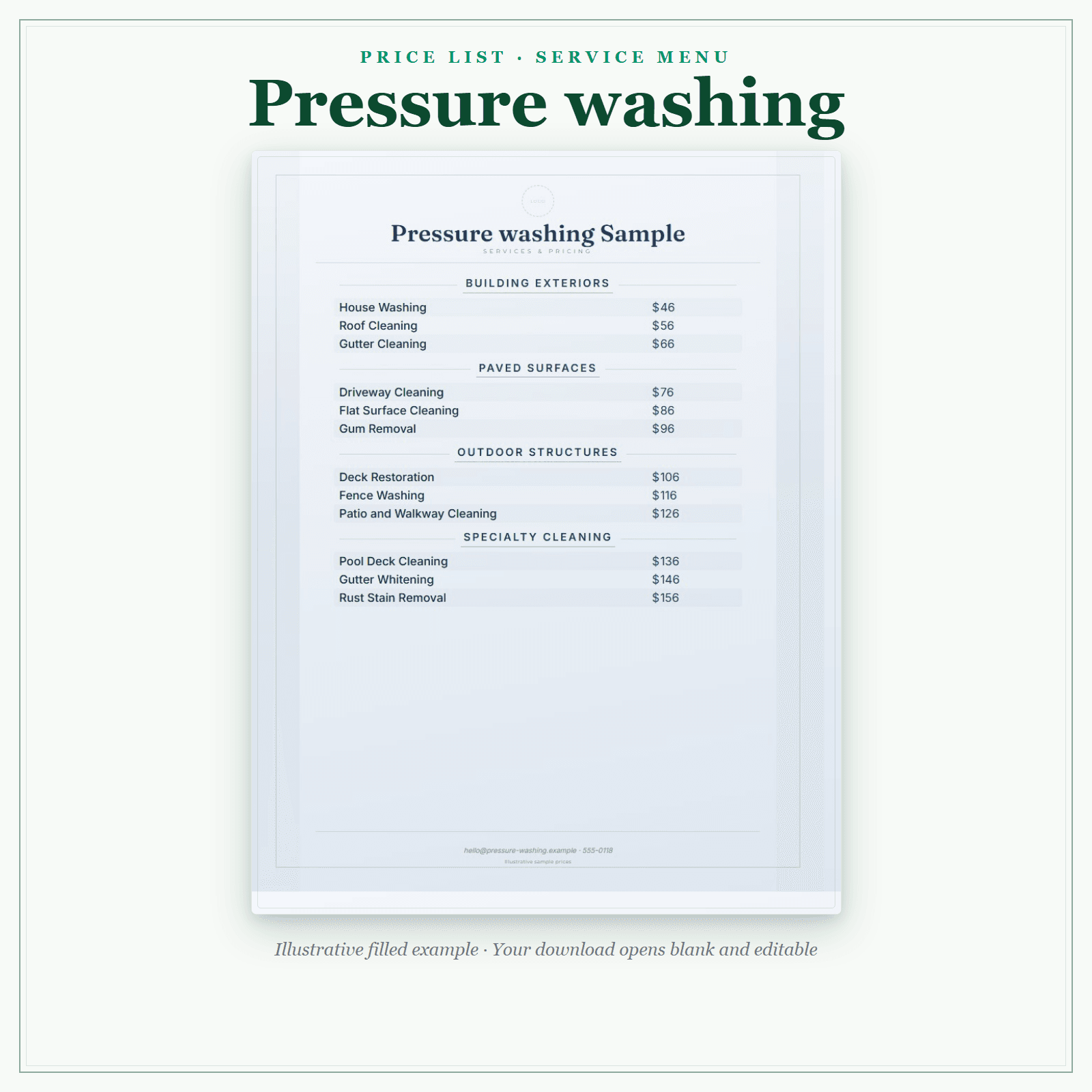 Pressure Washing Price List & Service Menu sample pages
