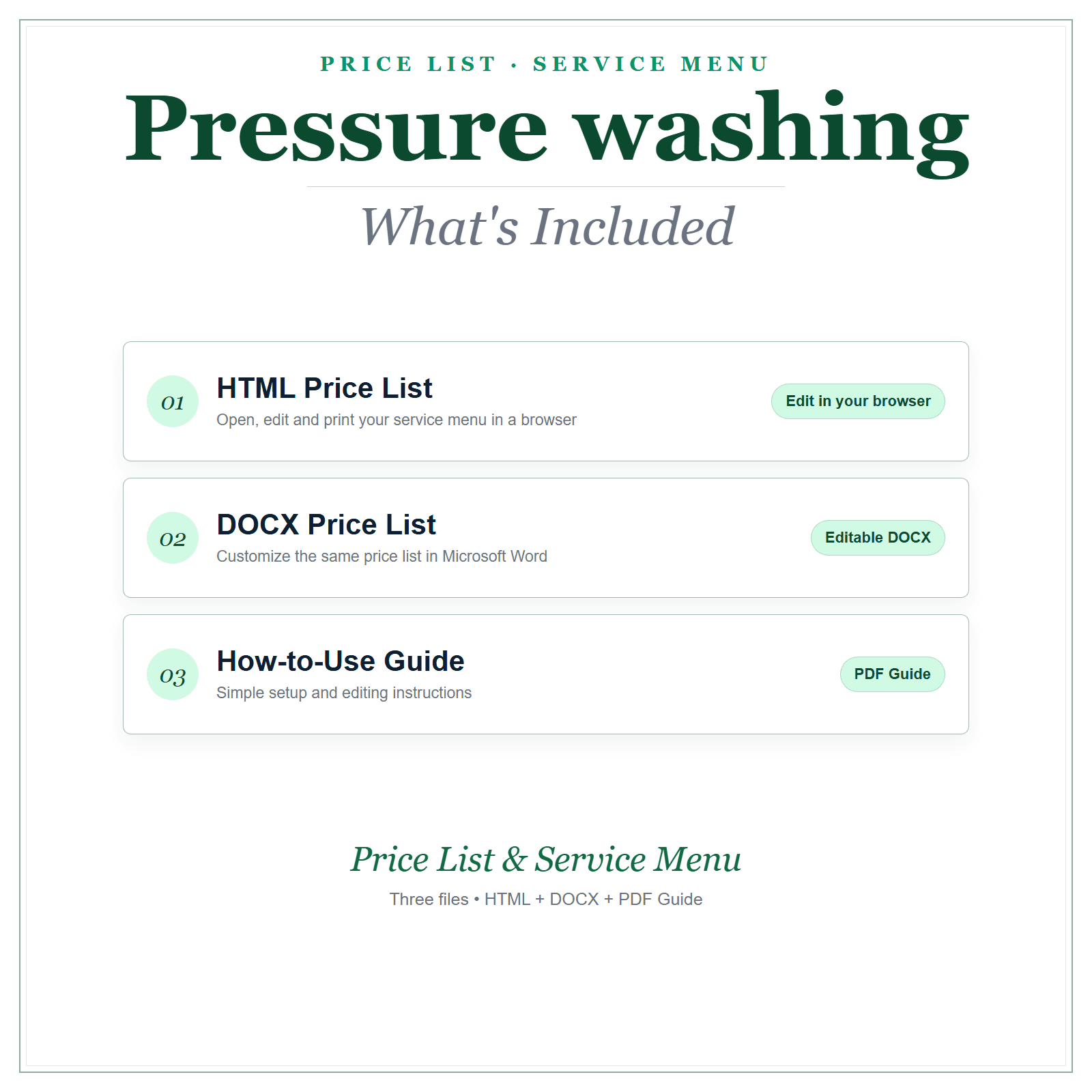 What's included in Pressure Washing Price List & Service Menu