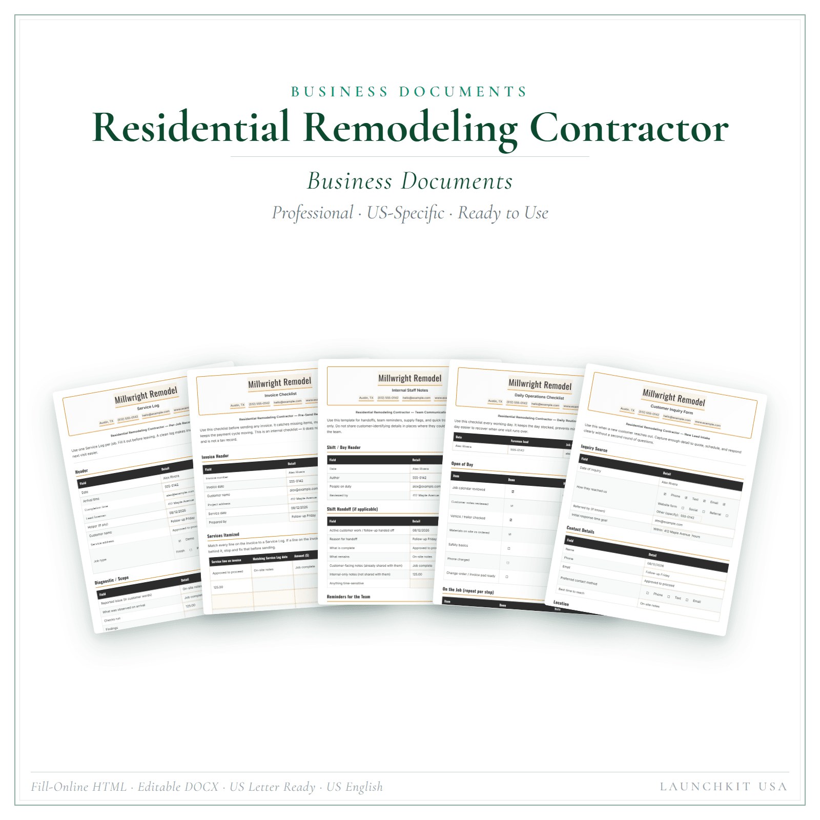 Business Documents for Residential Remodeling Contractor