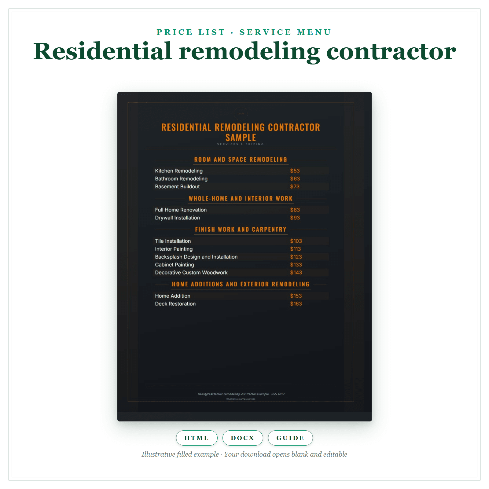 Price List & Service Menu for Residential Remodeling Contractor