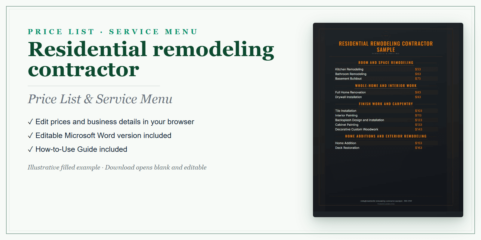 Residential Remodeling Contractor Price List & Service Menu product preview