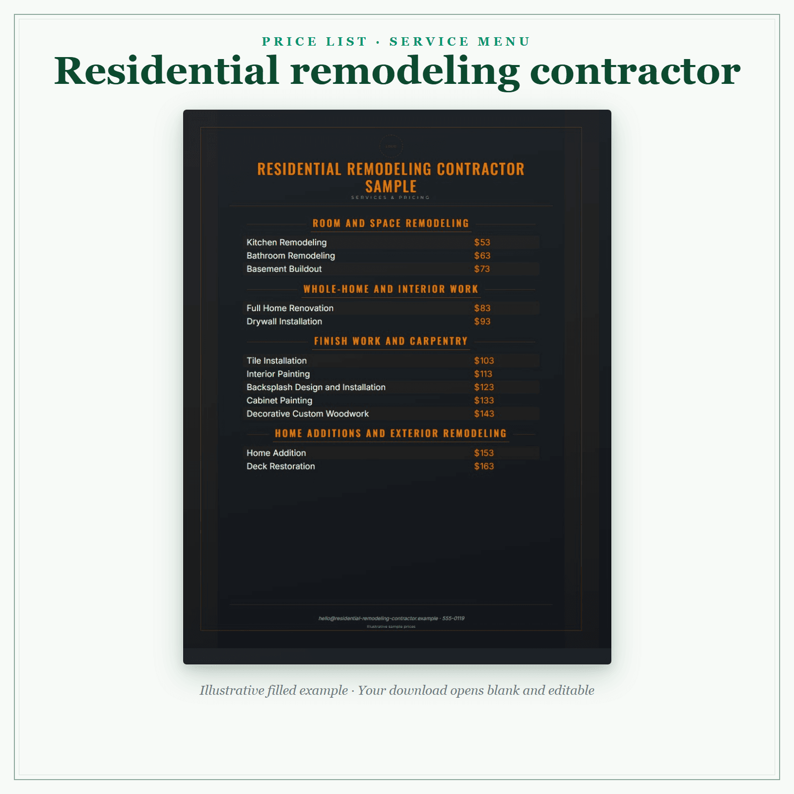 Residential Remodeling Contractor Price List & Service Menu sample pages