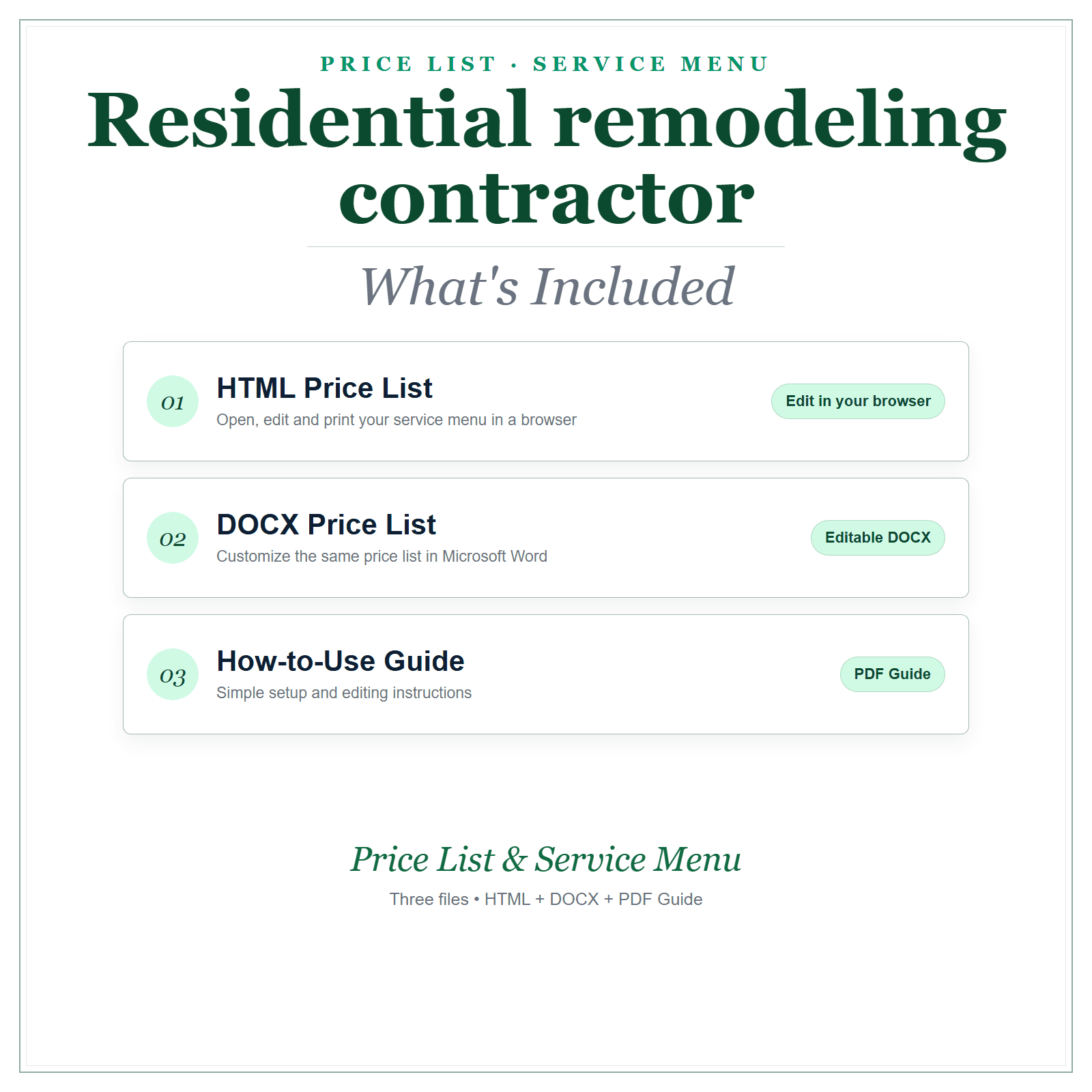 What's included in Residential Remodeling Contractor Price List & Service Menu