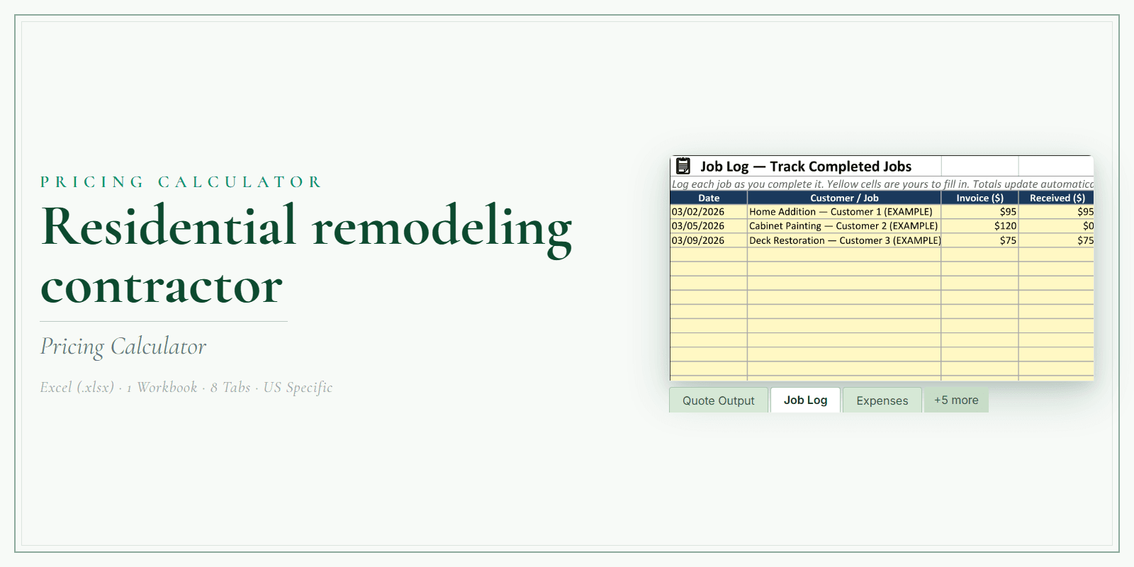 Residential Remodeling Contractor Pricing Calculator product preview