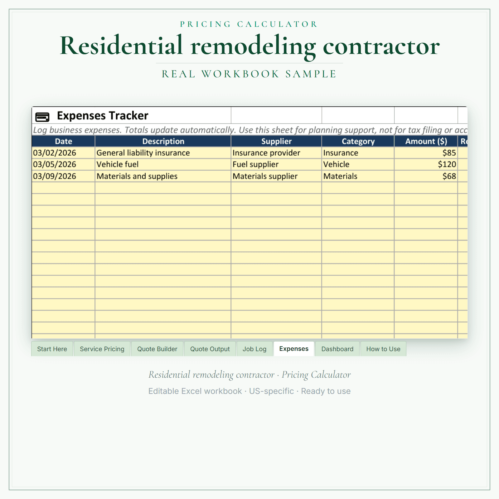 Residential Remodeling Contractor Pricing Calculator sample pages