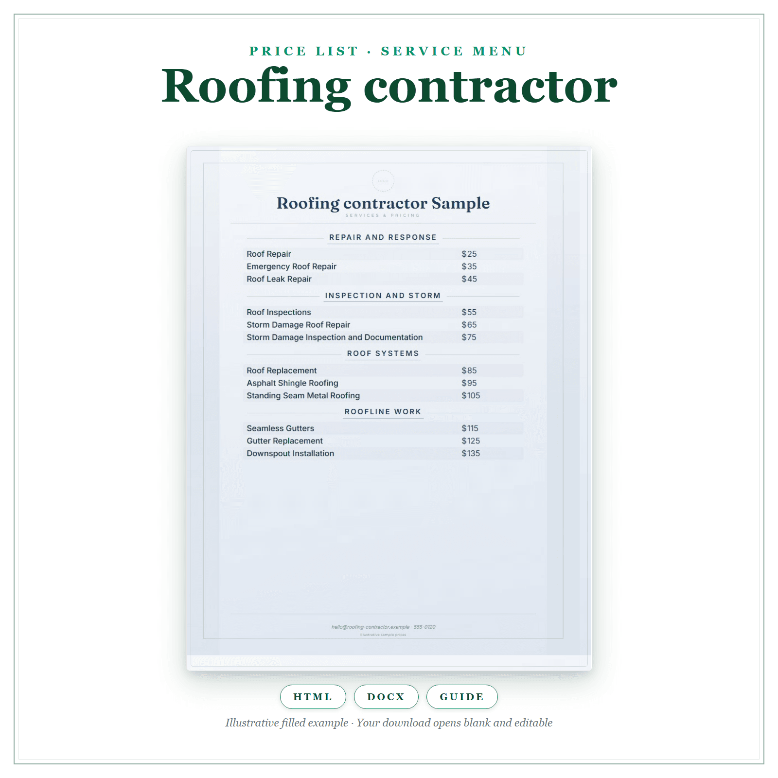 Price List & Service Menu for Roofing Contractor