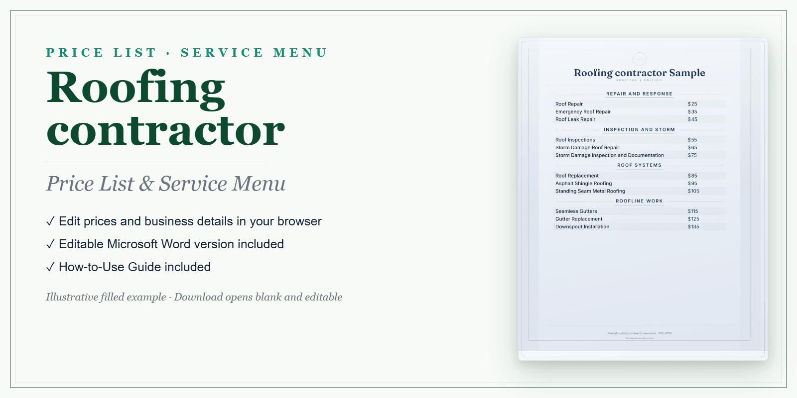 Roofing Contractor Price List & Service Menu product preview