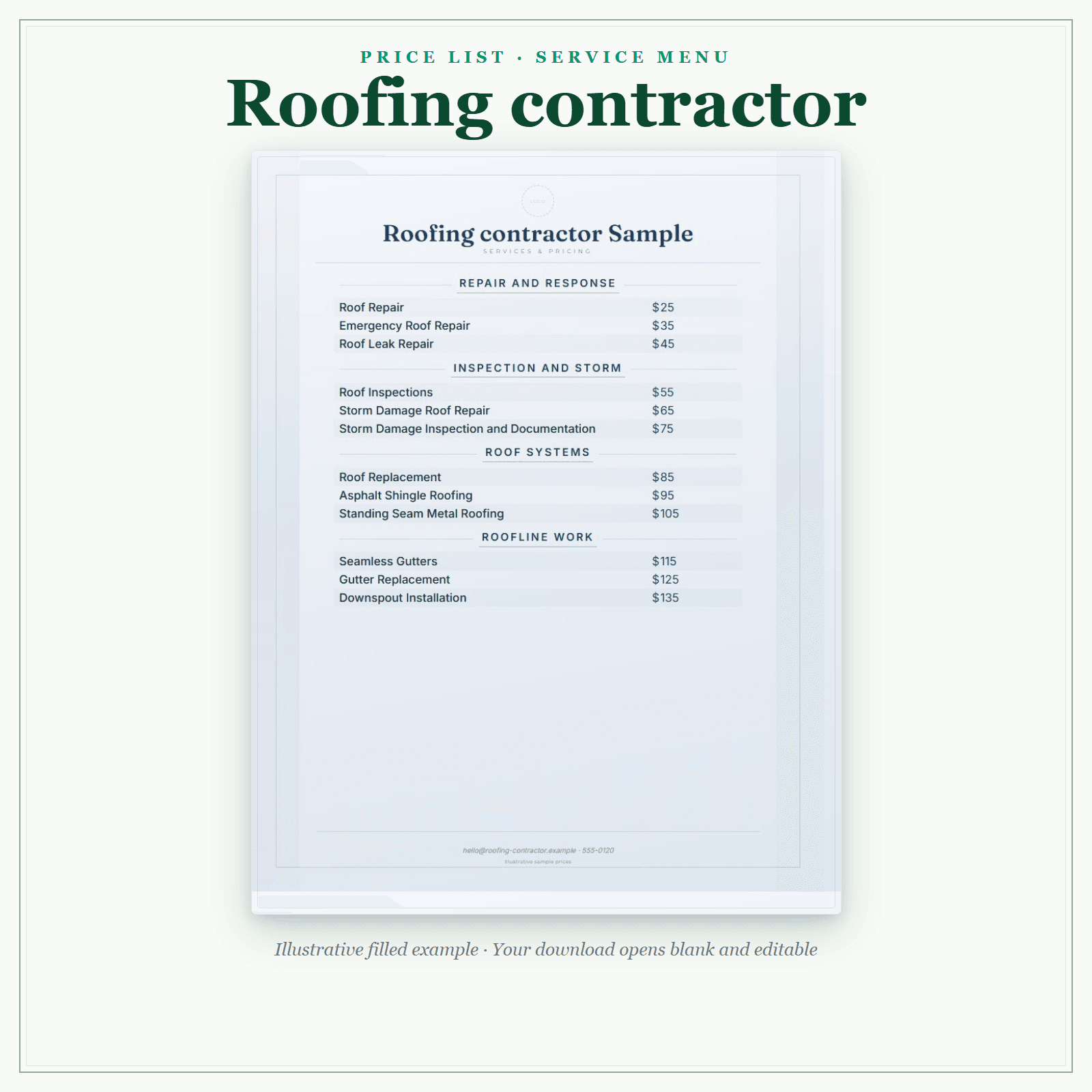 Roofing Contractor Price List & Service Menu sample pages