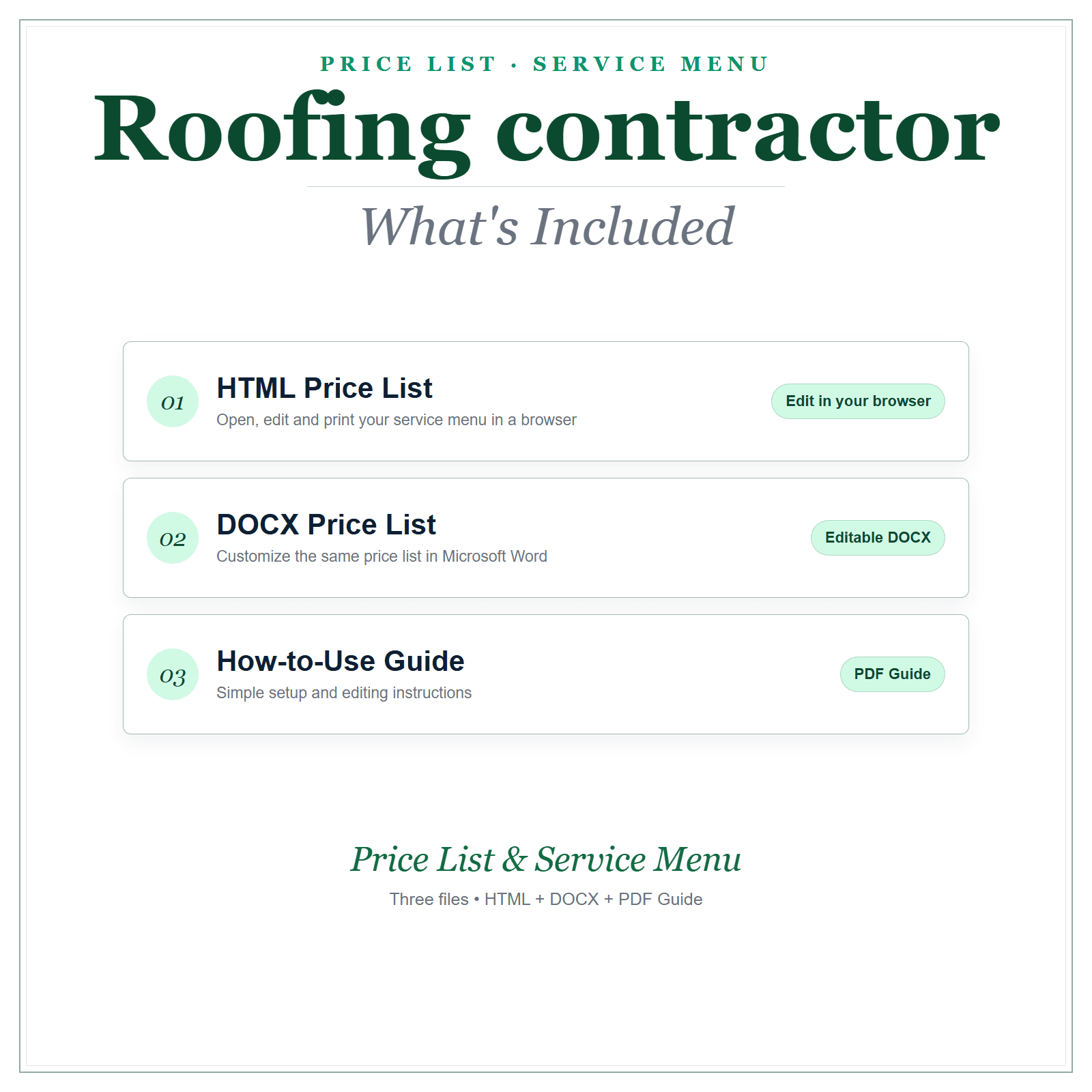 What's included in Roofing Contractor Price List & Service Menu