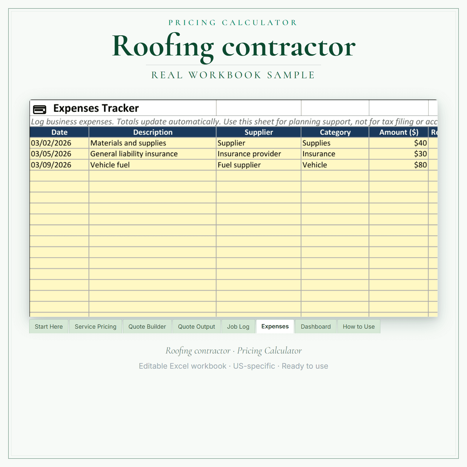 Roofing Contractor Pricing Calculator sample pages
