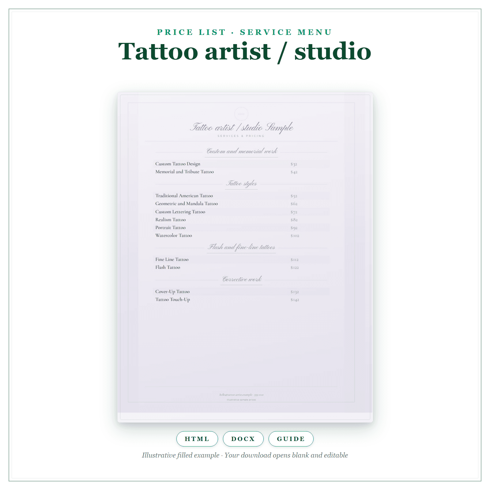 Price List & Service Menu for Tattoo Artist