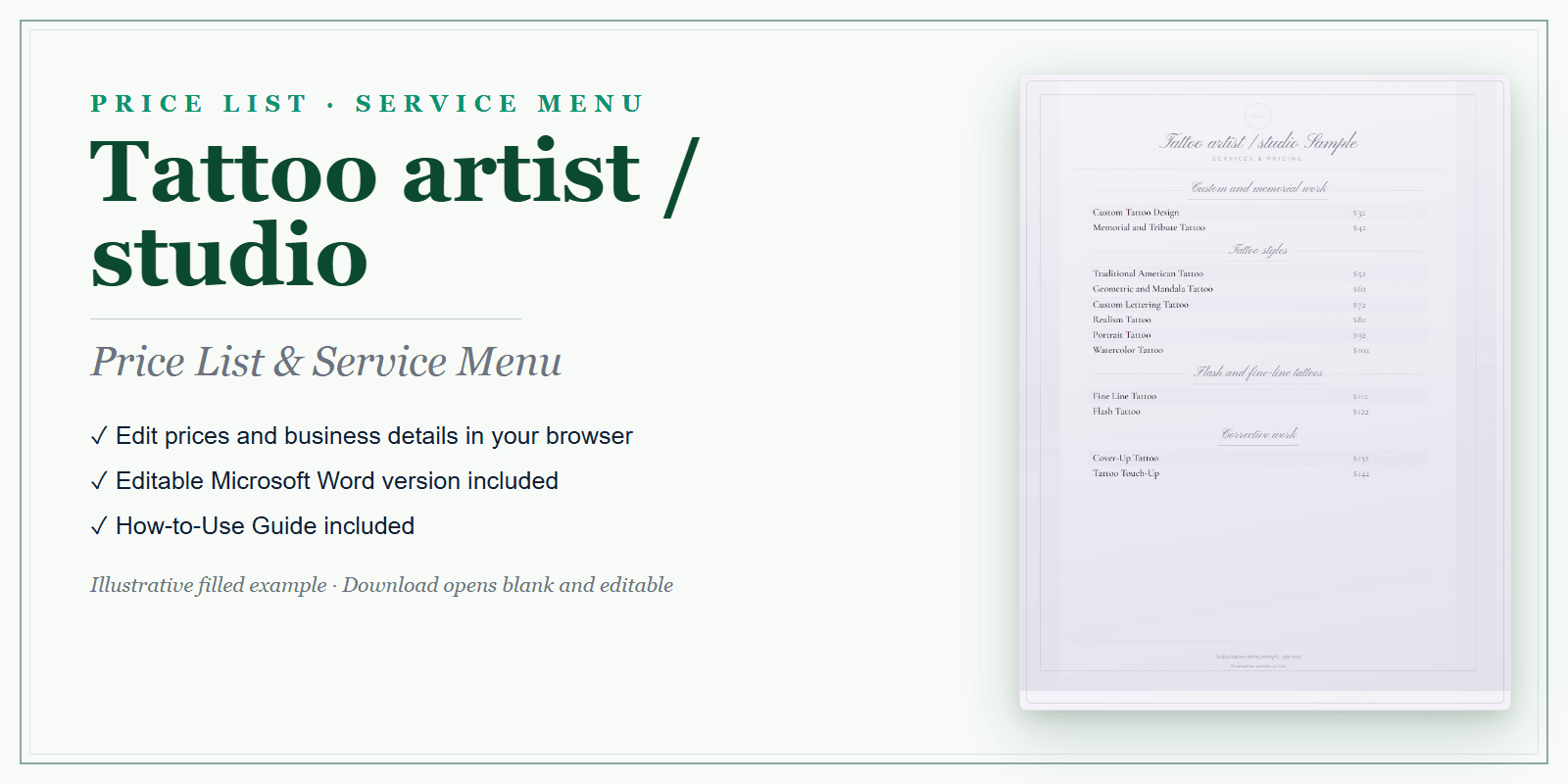 Tattoo Artist Price List & Service Menu product preview