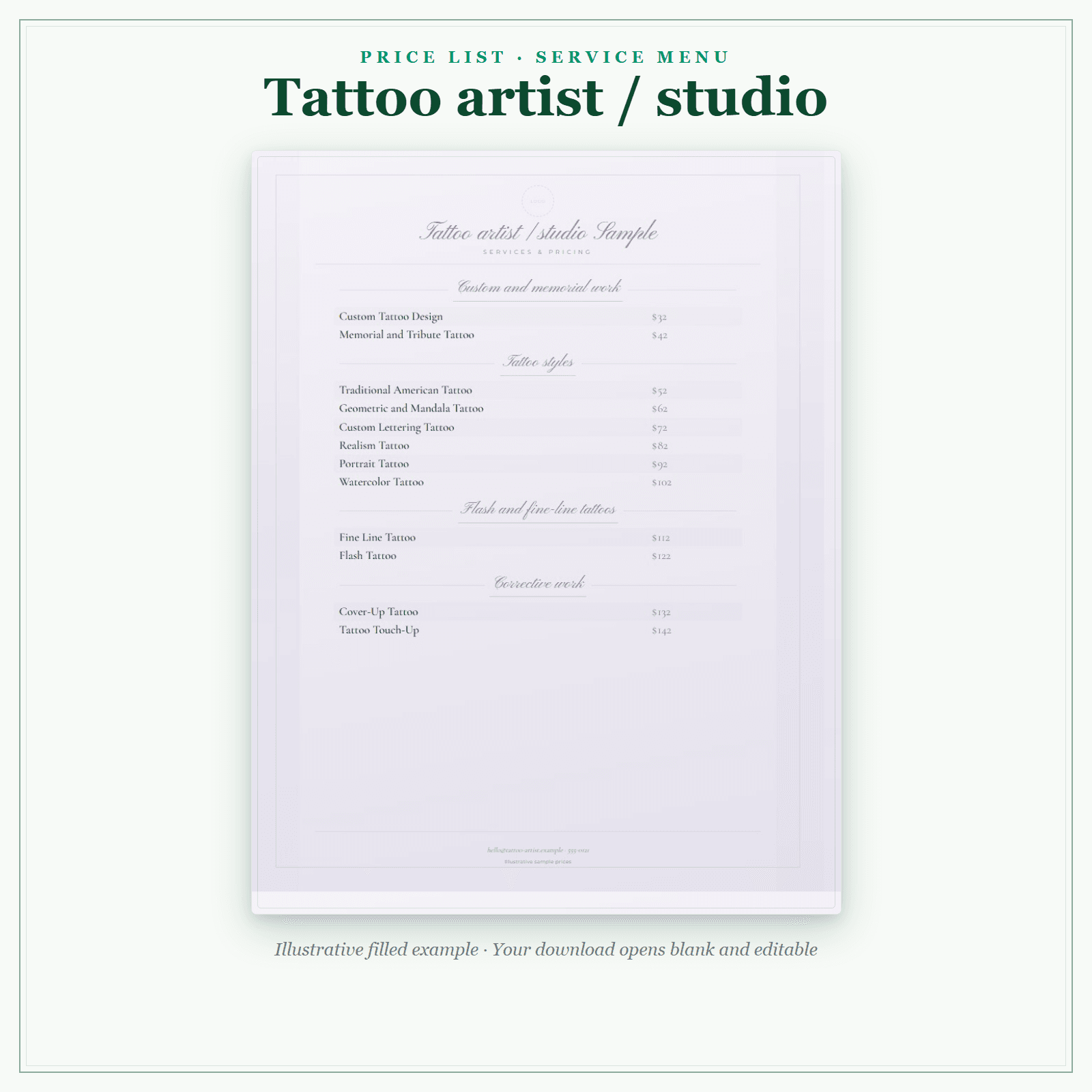 Tattoo Artist Price List & Service Menu sample pages