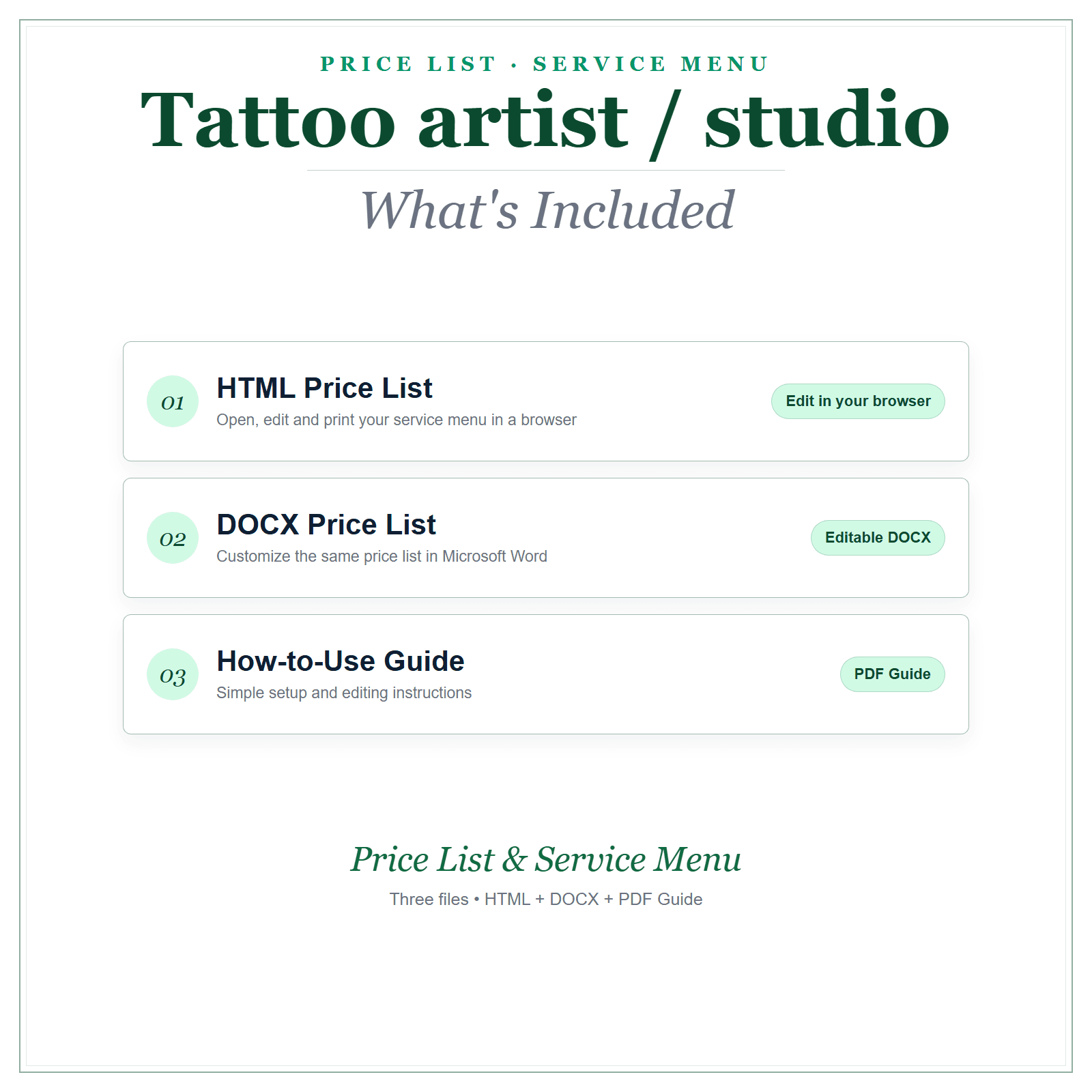 What's included in Tattoo Artist Price List & Service Menu