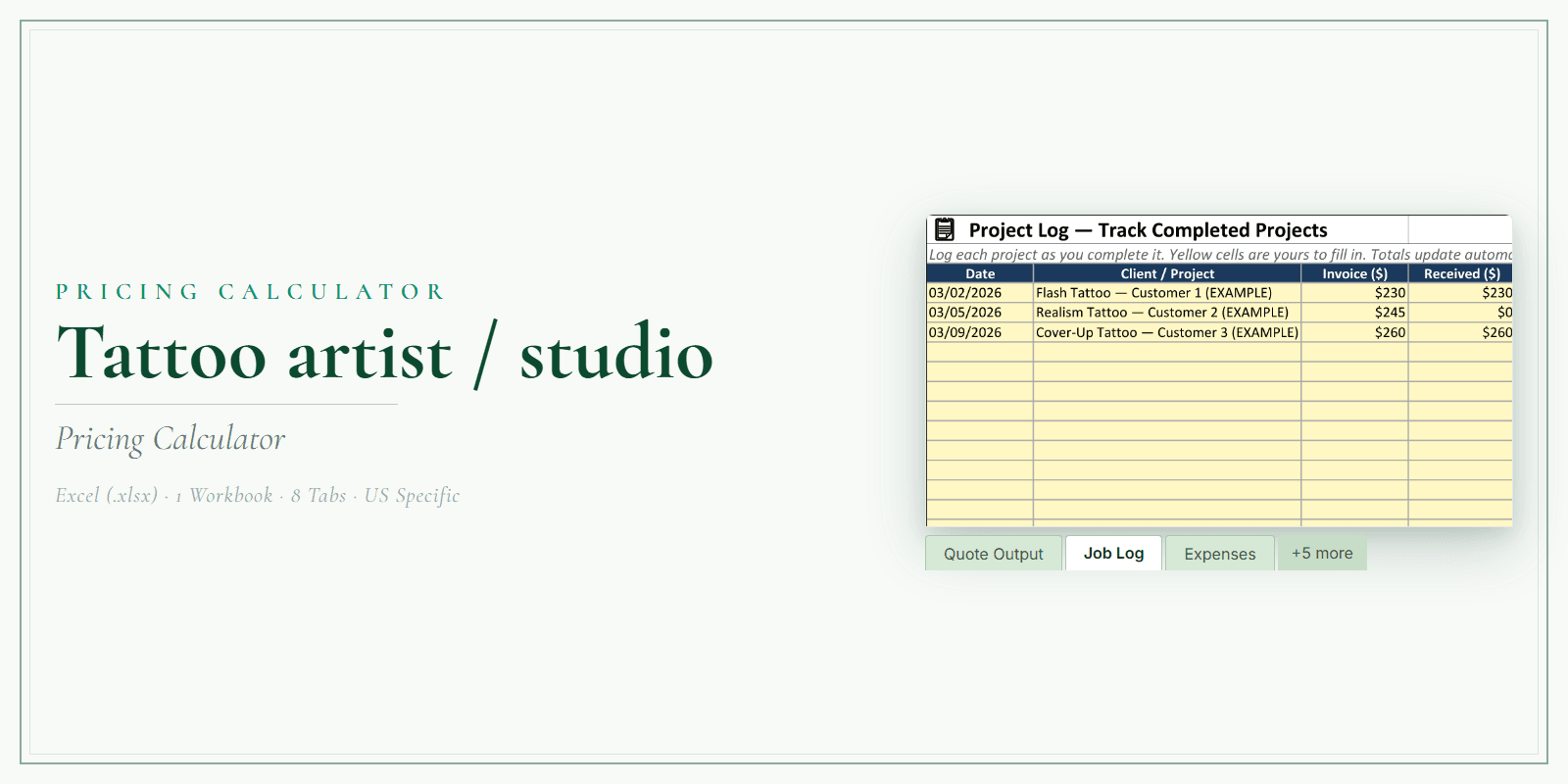 Tattoo Artist Pricing Calculator product preview
