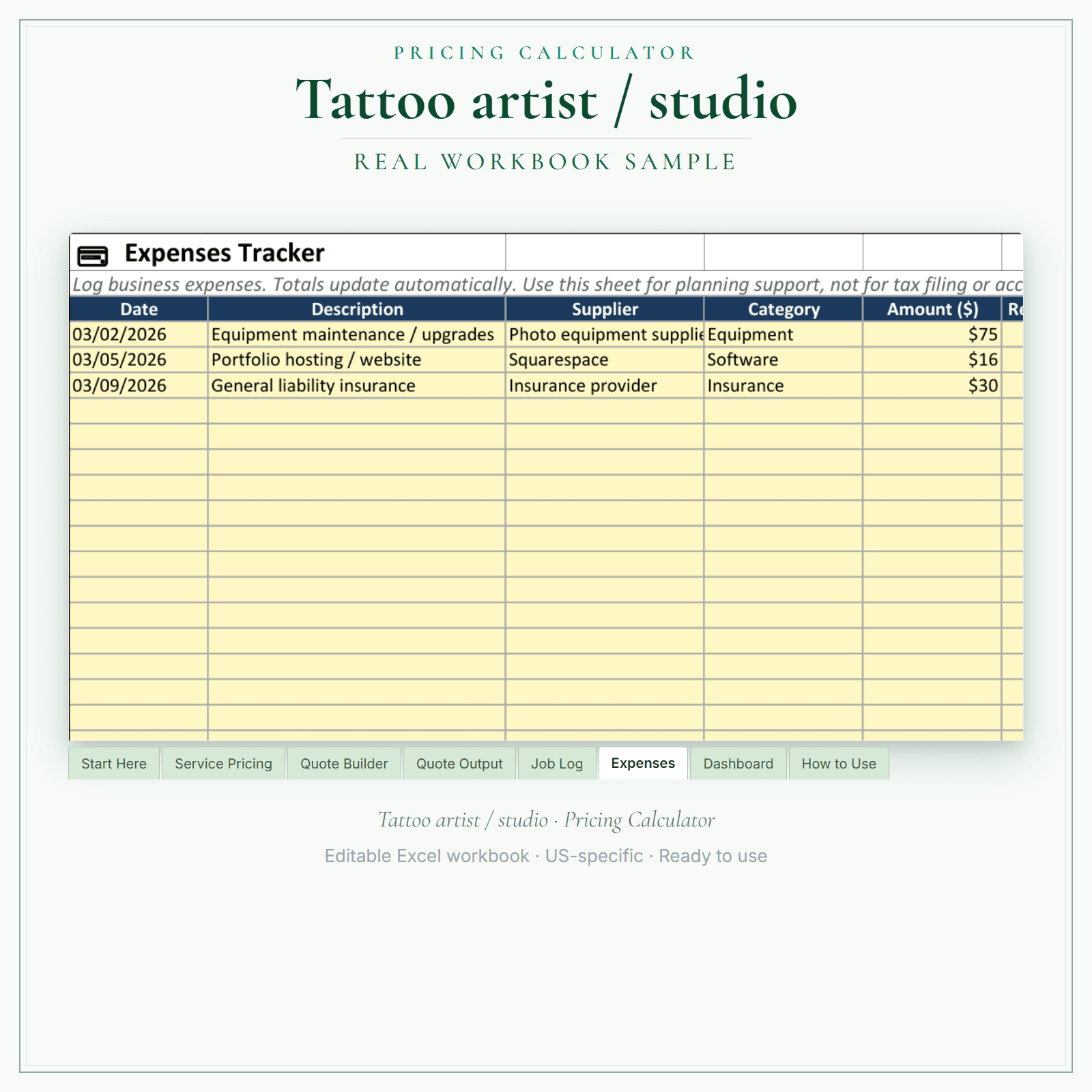 Tattoo Artist Pricing Calculator sample pages
