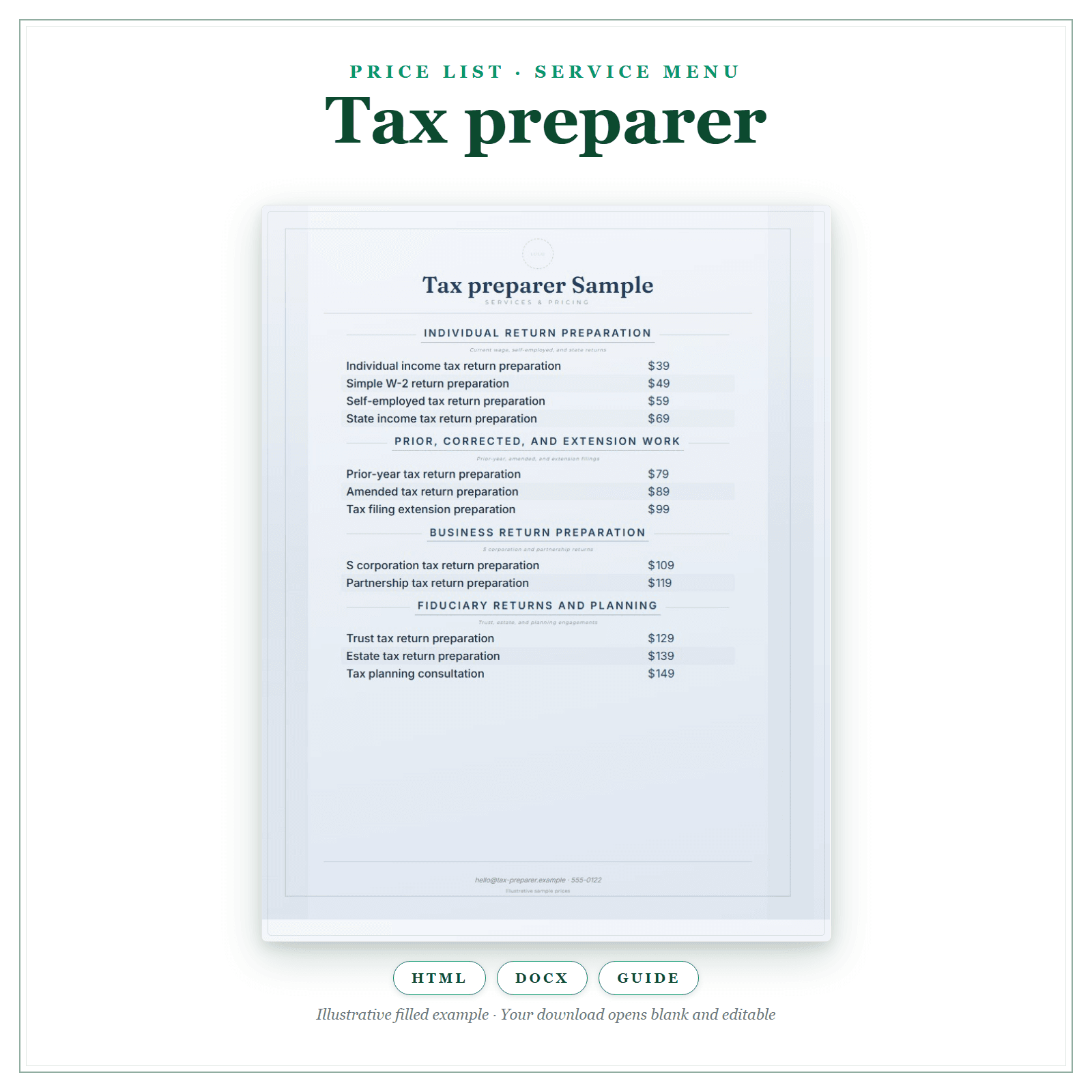 Price List & Service Menu for Tax Preparer