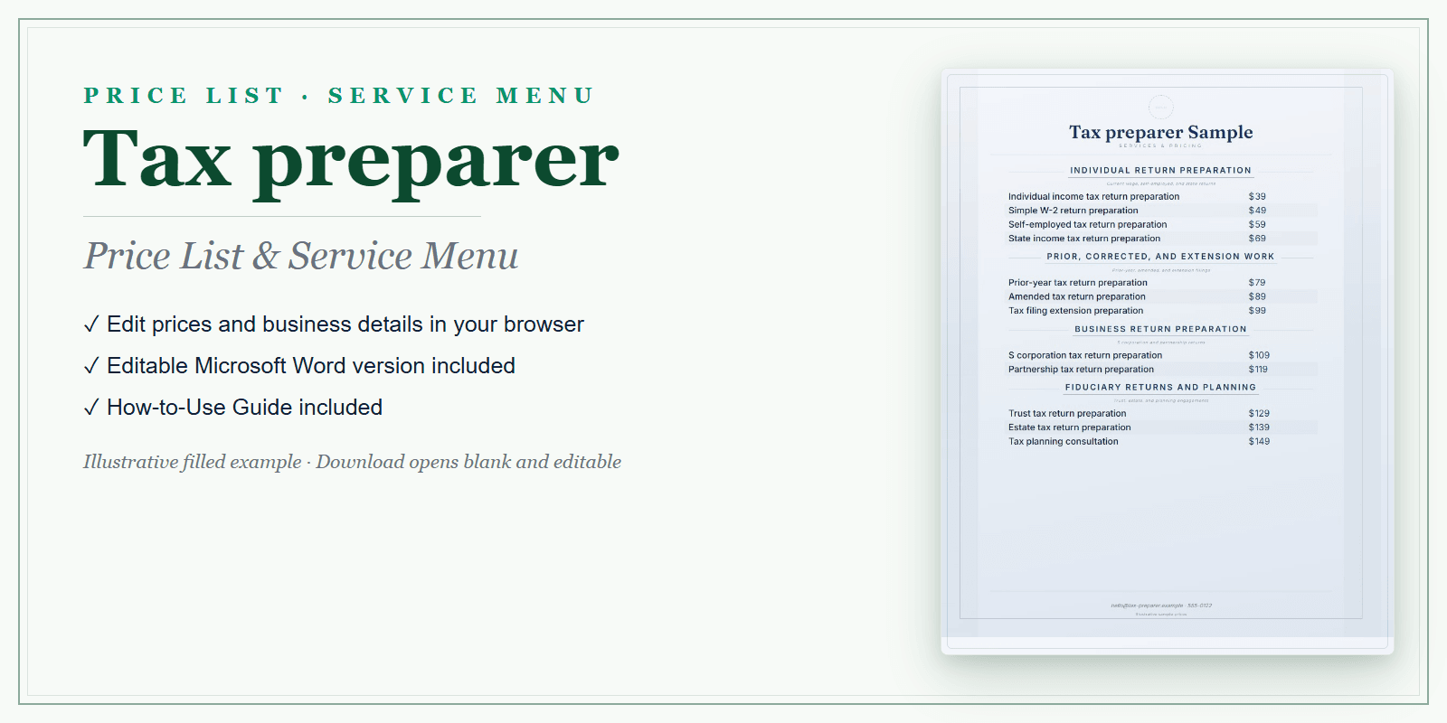Tax Preparer Price List & Service Menu product preview