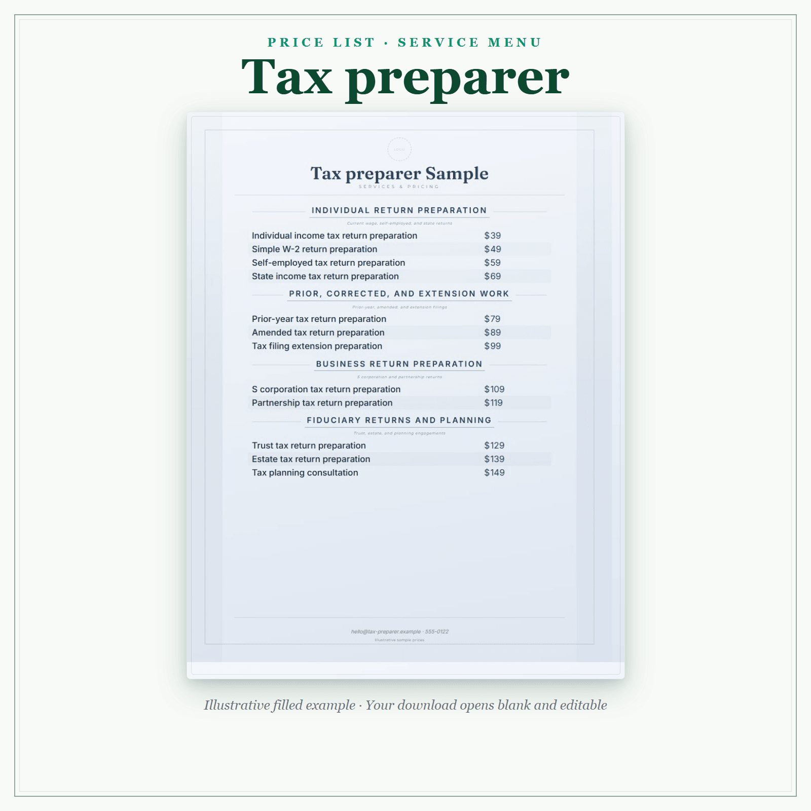 Tax Preparer Price List & Service Menu sample pages