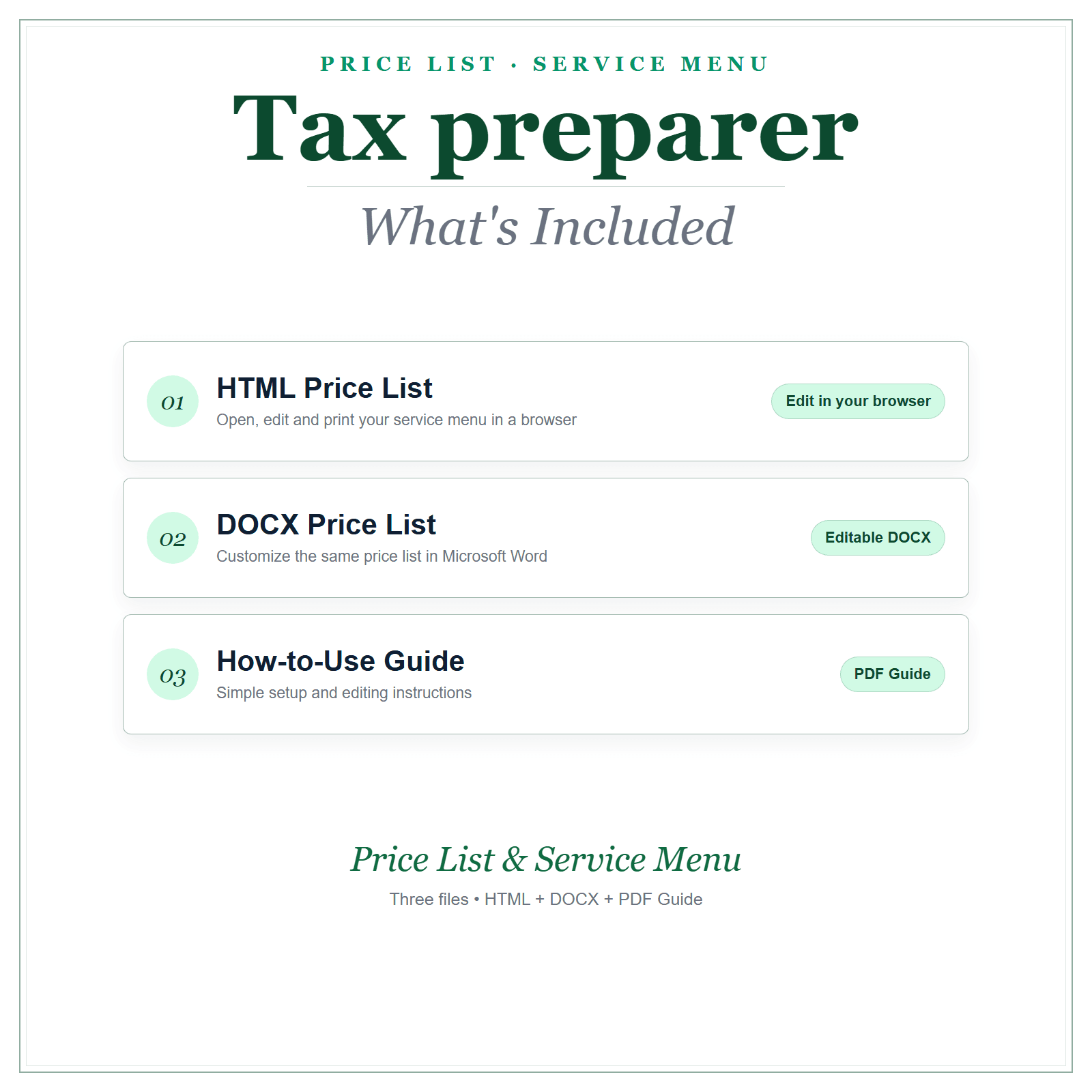 What's included in Tax Preparer Price List & Service Menu